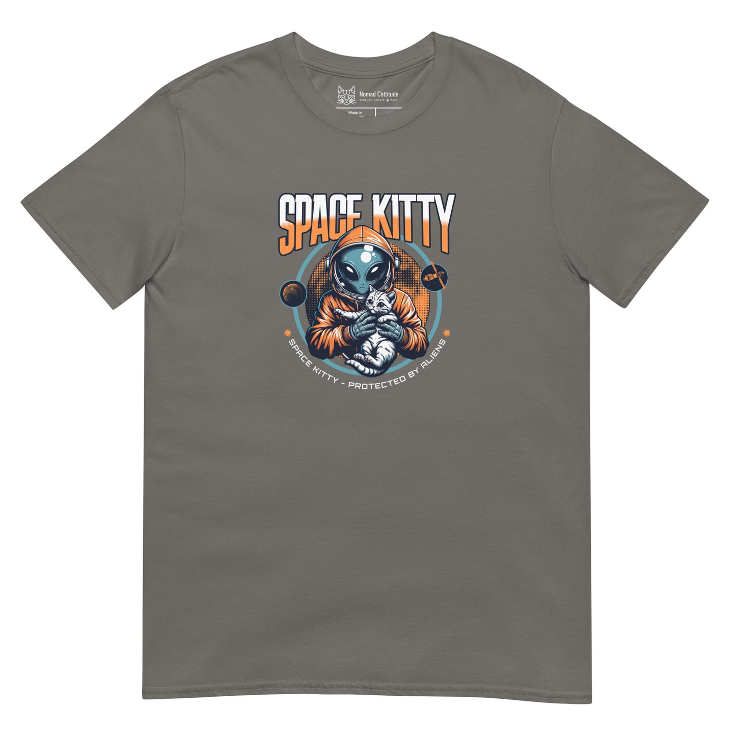 Cat themed graphic tee with space print