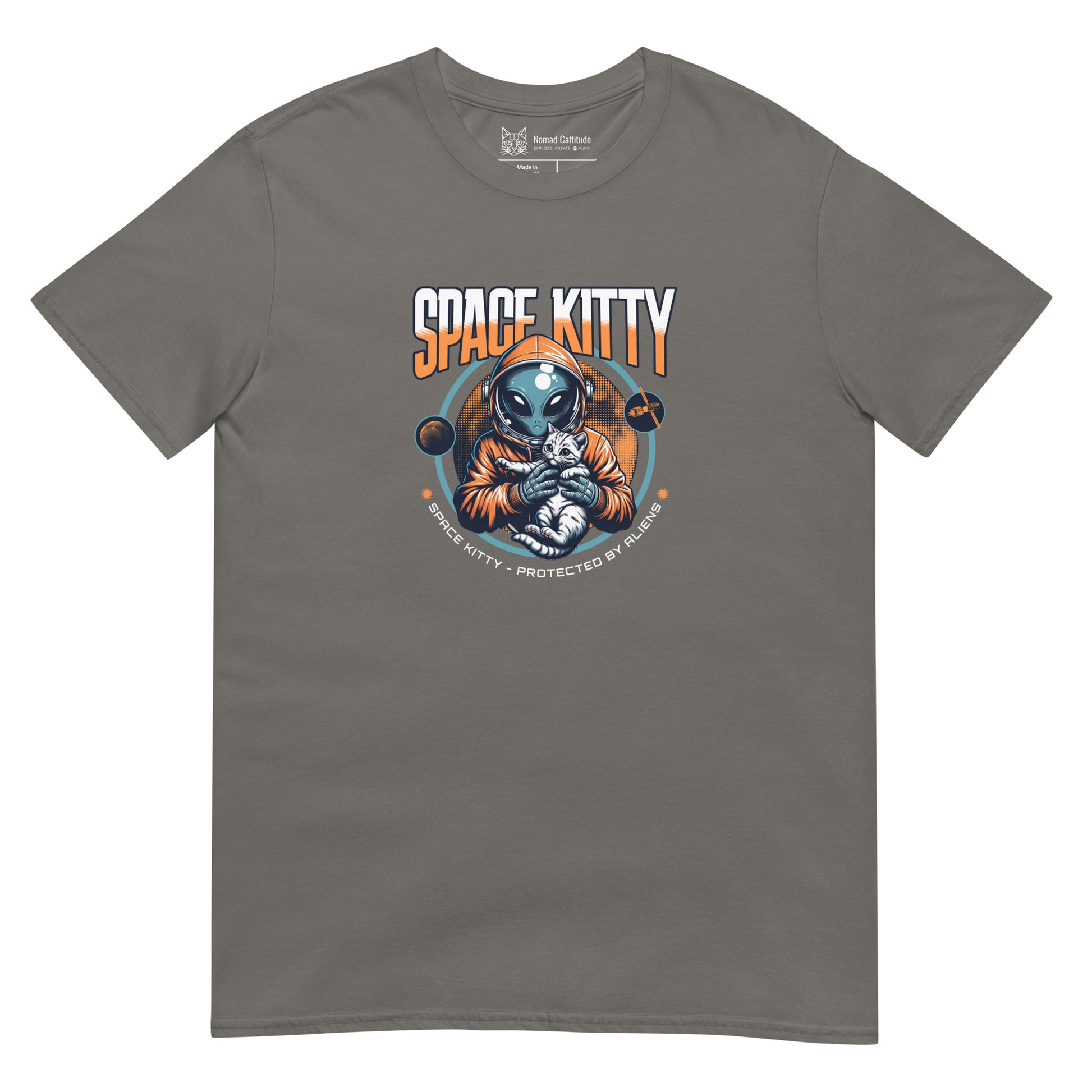 Cat themed graphic tee with space print