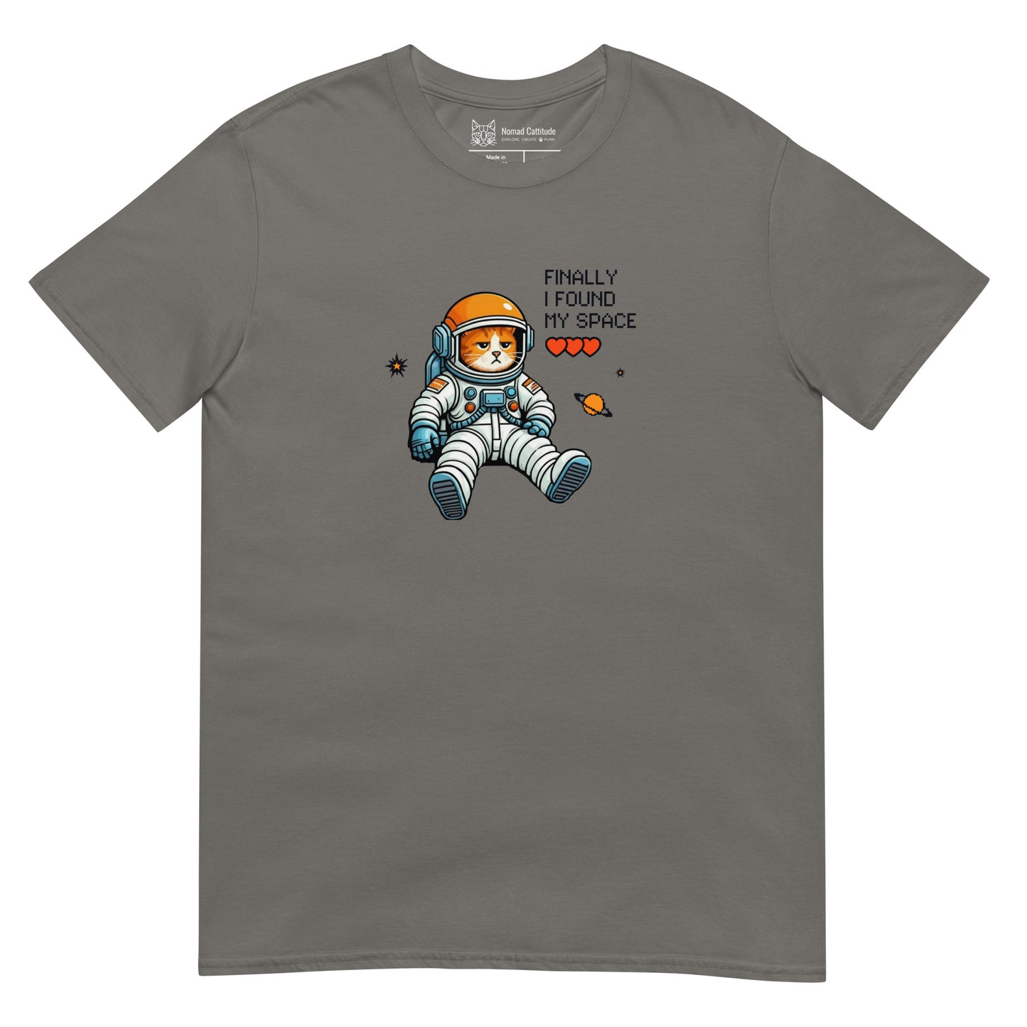 Cat themed graphic tee with space print
