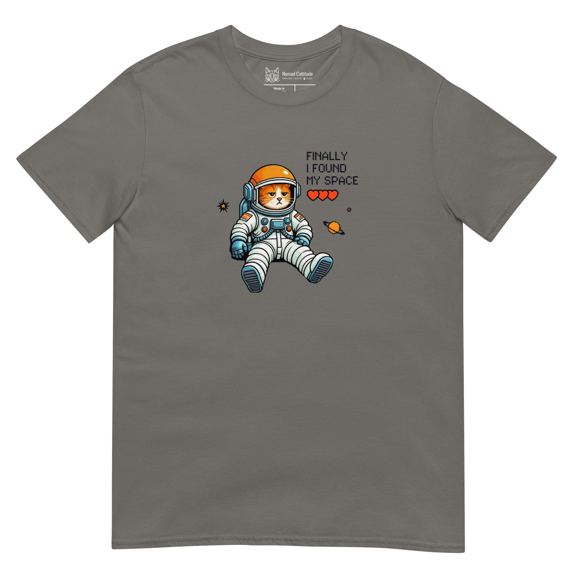 Cat themed graphic tee with space print