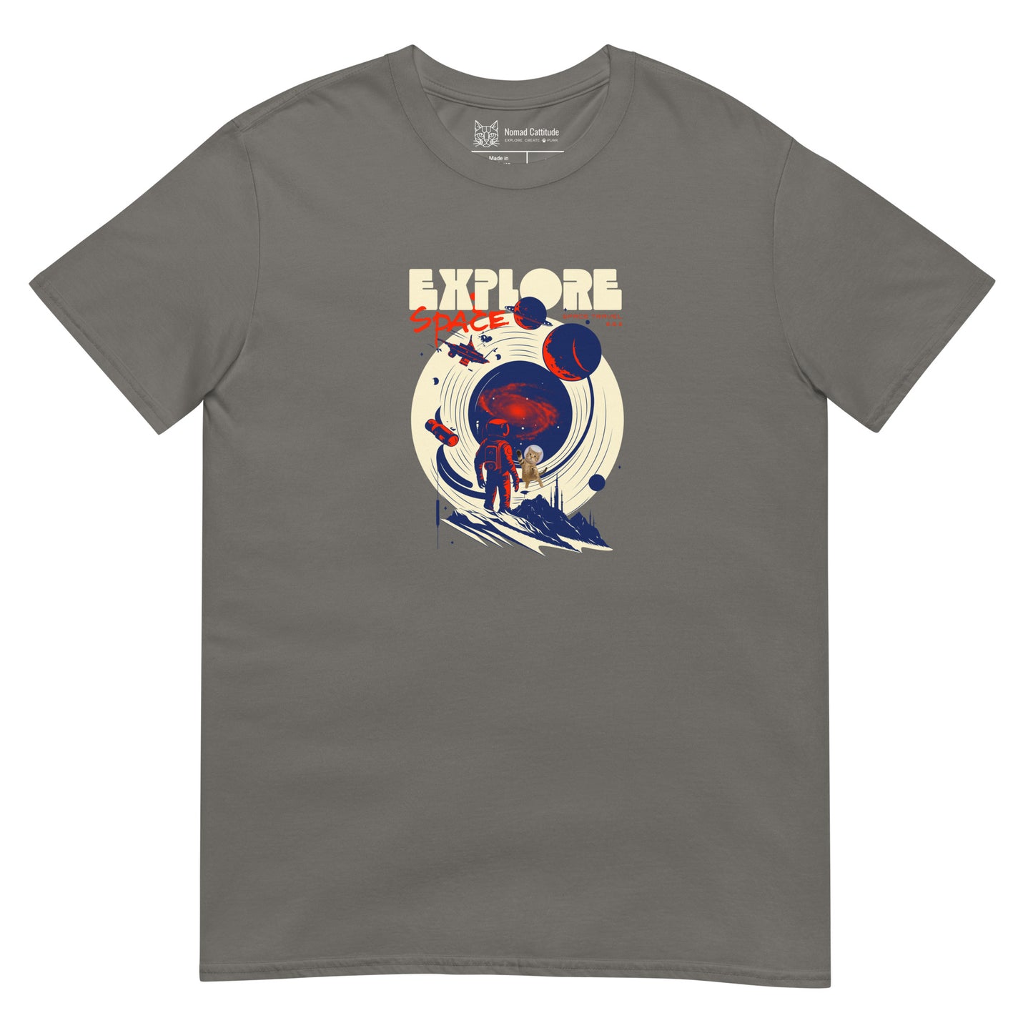 Cat themed graphic tee with space print