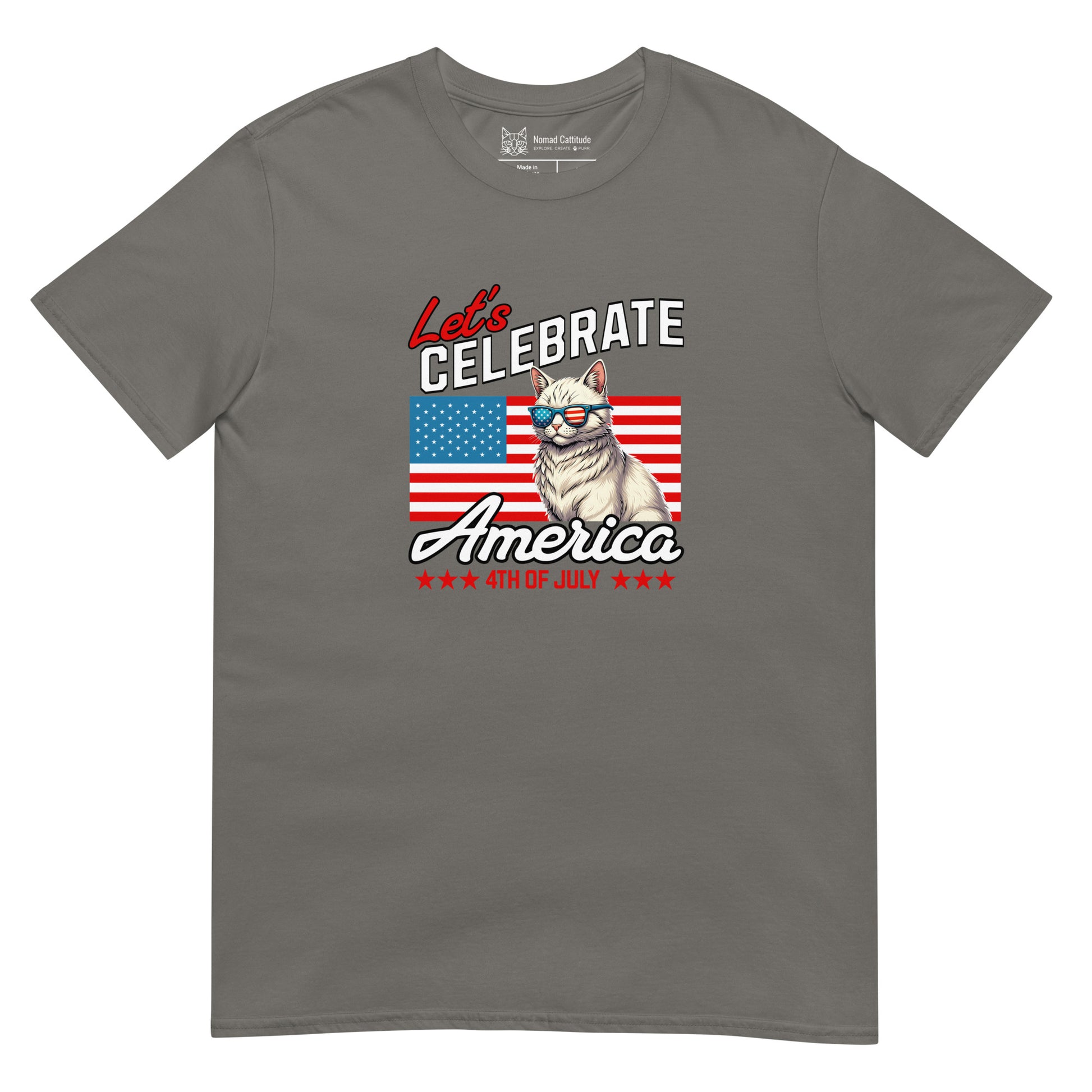 Cat themed graphic tee with USA 250th anniversary Independence Day print
