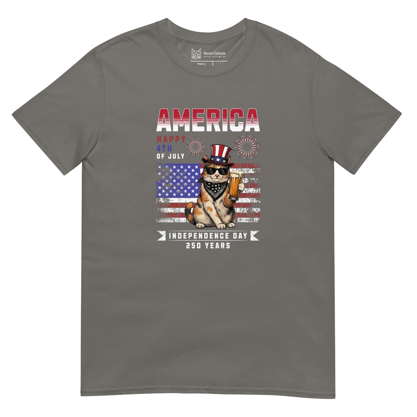 Cat themed graphic tee with USA 250th anniversary Independence Day print