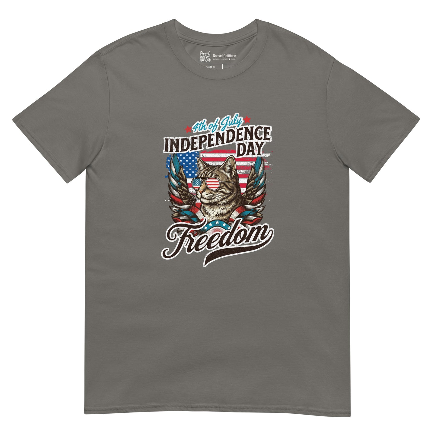 Cat themed graphic tee with July 4th freedom print