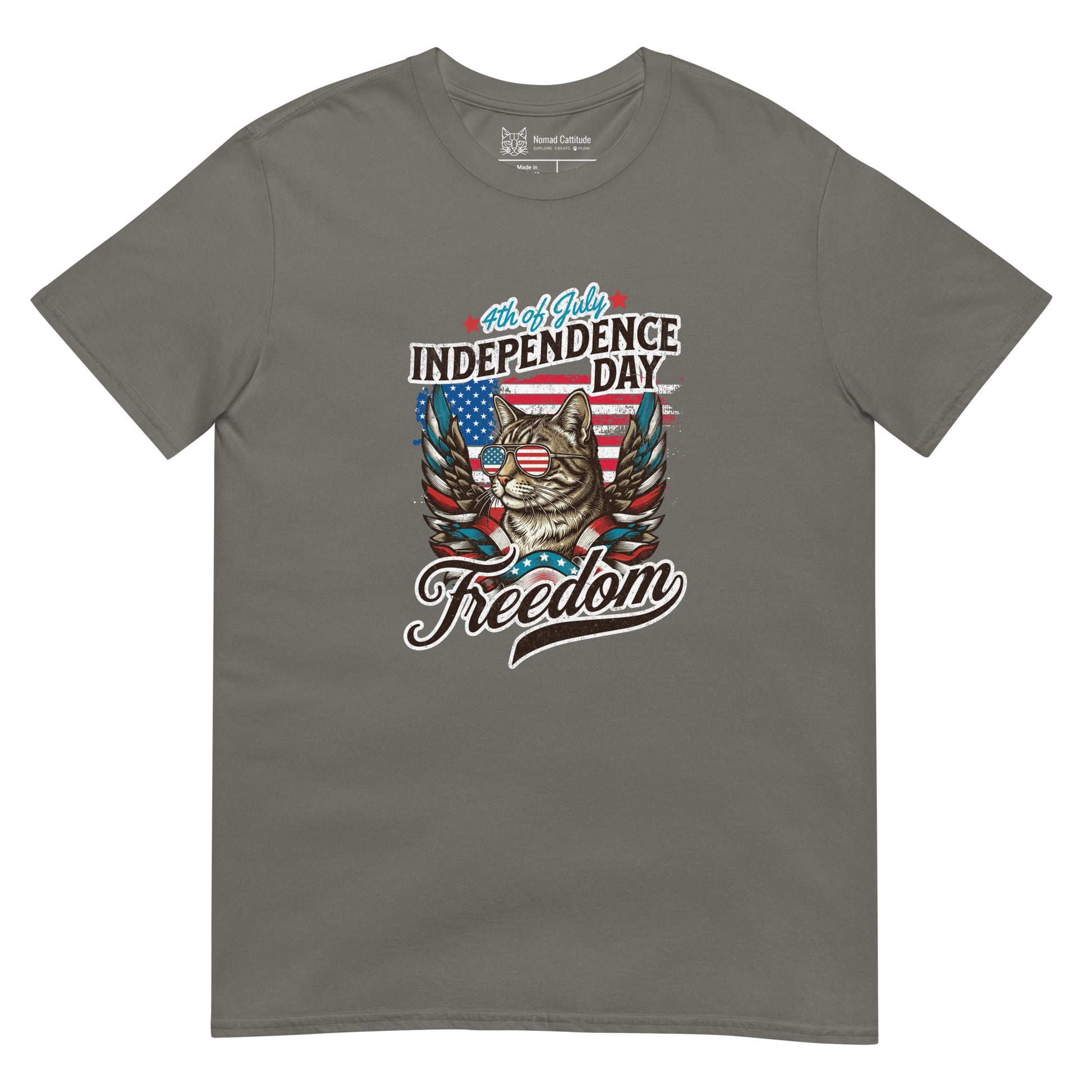 Cat themed graphic tee with July 4th freedom print