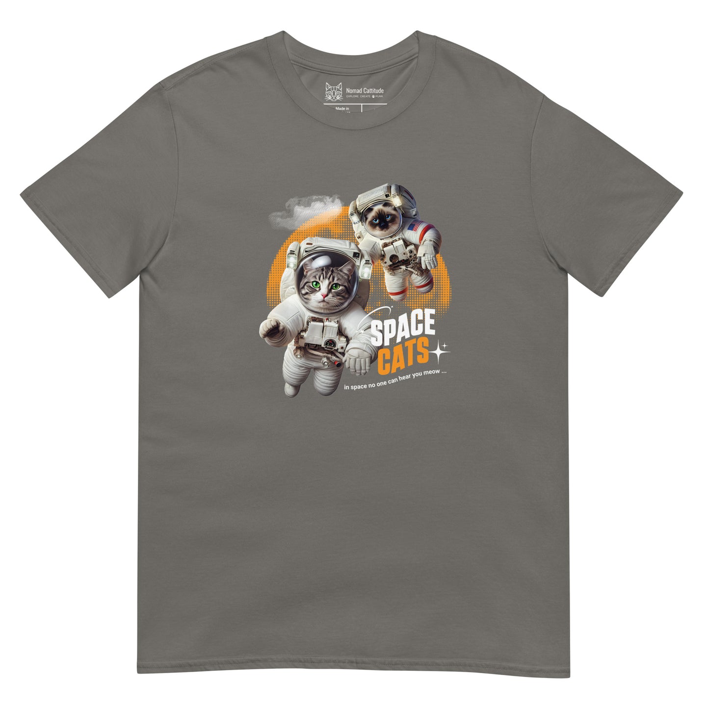 Cat themed graphic tee with space print