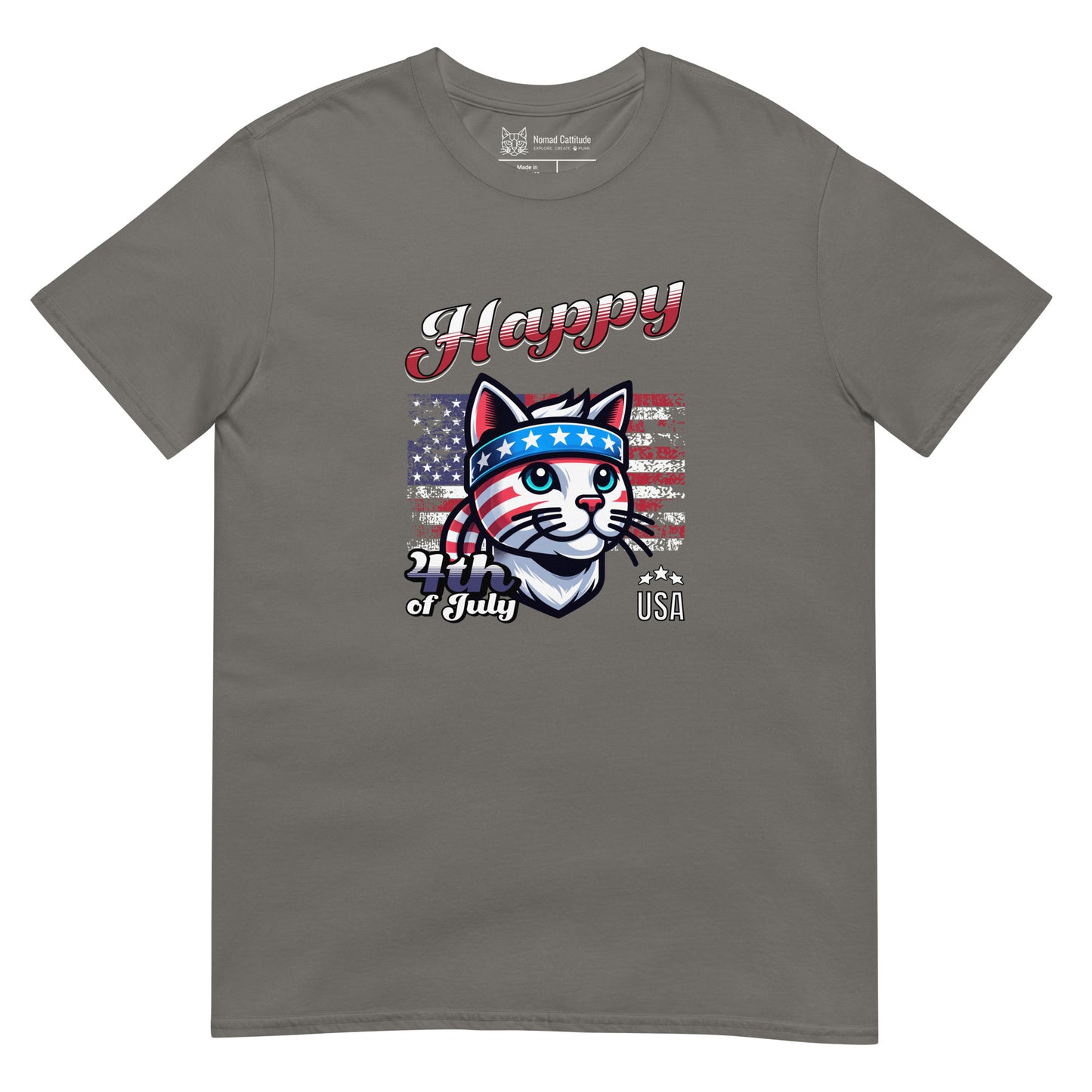 Cat themed graphic tee with USA anniversary Independence Day print