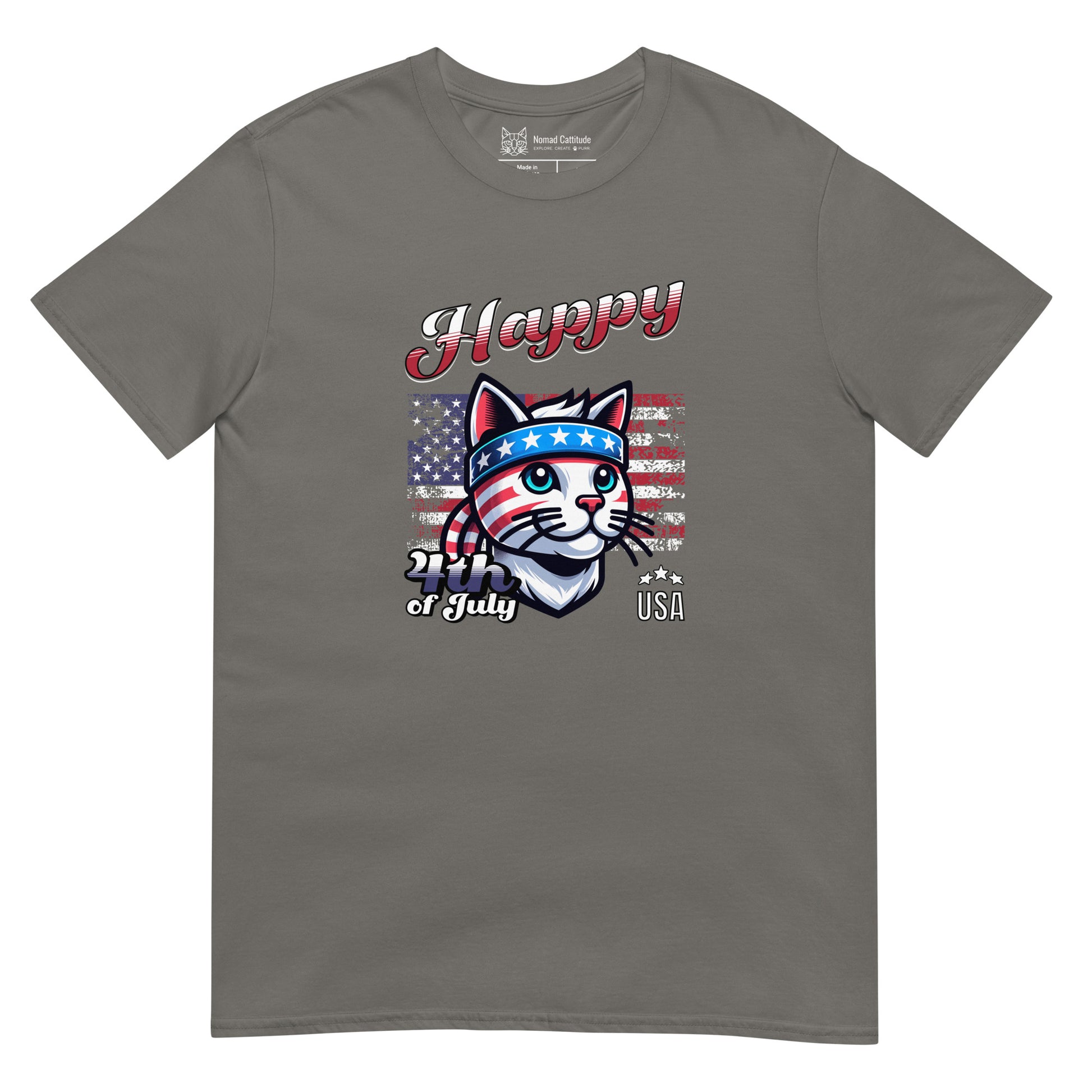 Cat themed graphic tee with USA anniversary Independence Day print