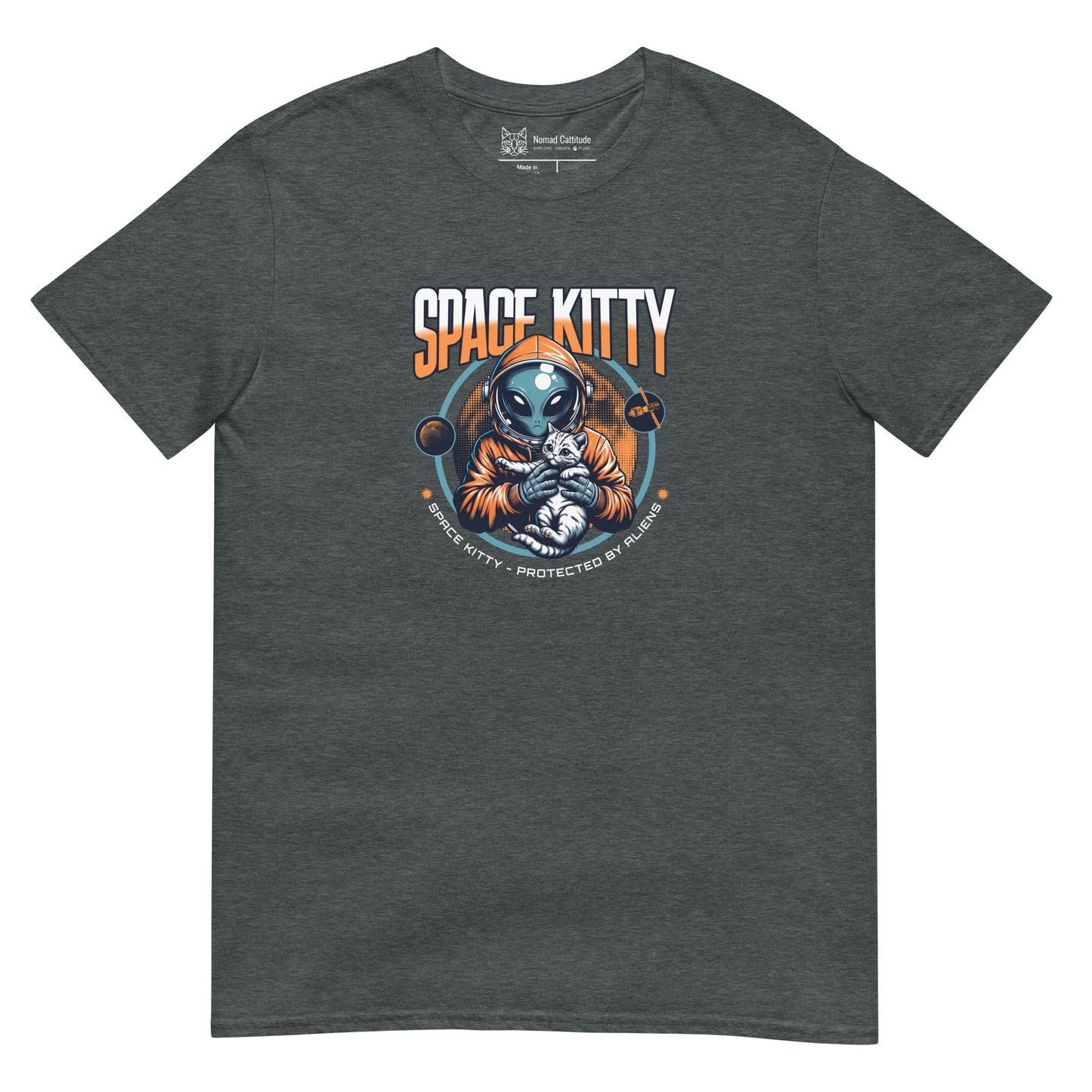 Cat themed graphic tee with space print