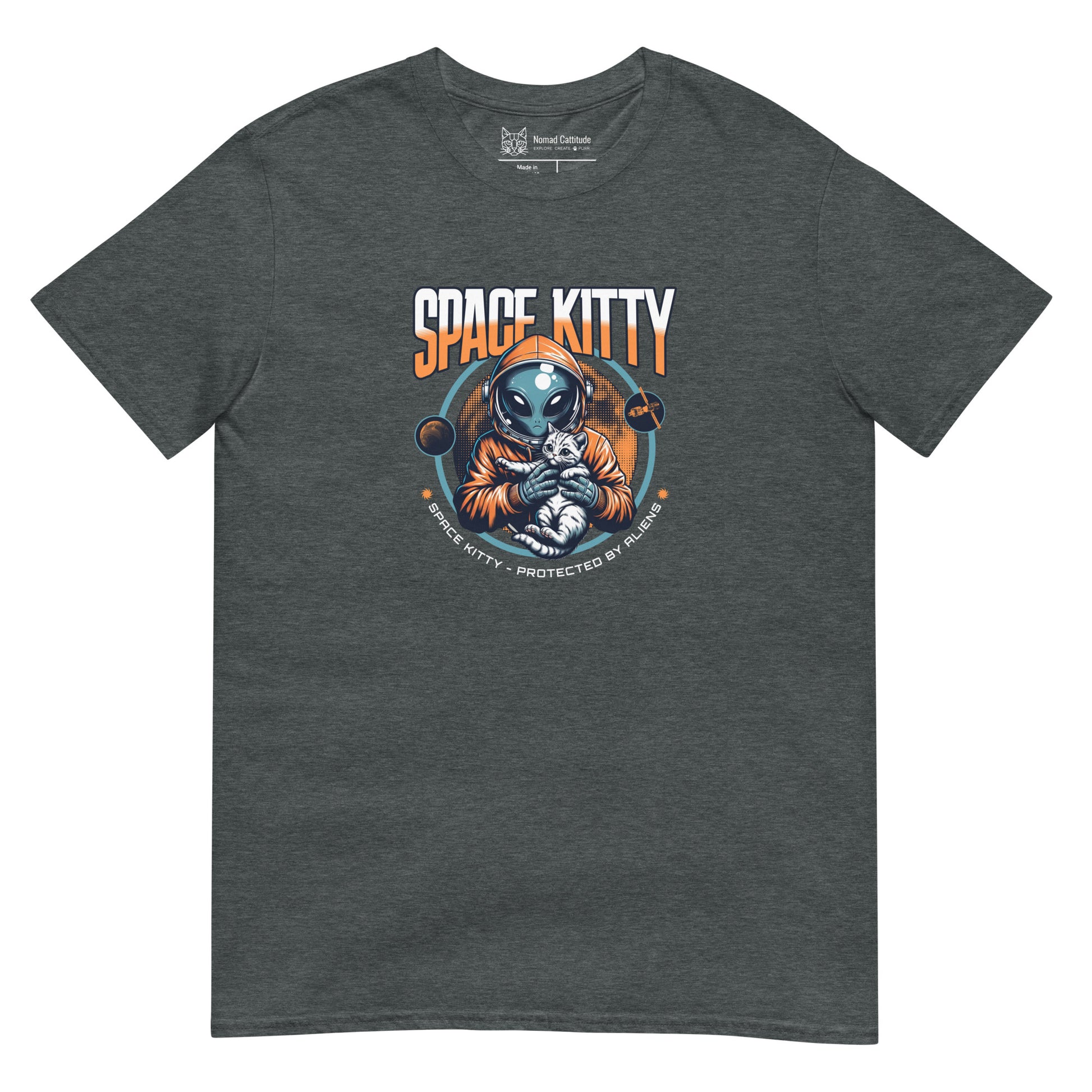 Cat themed graphic tee with space print