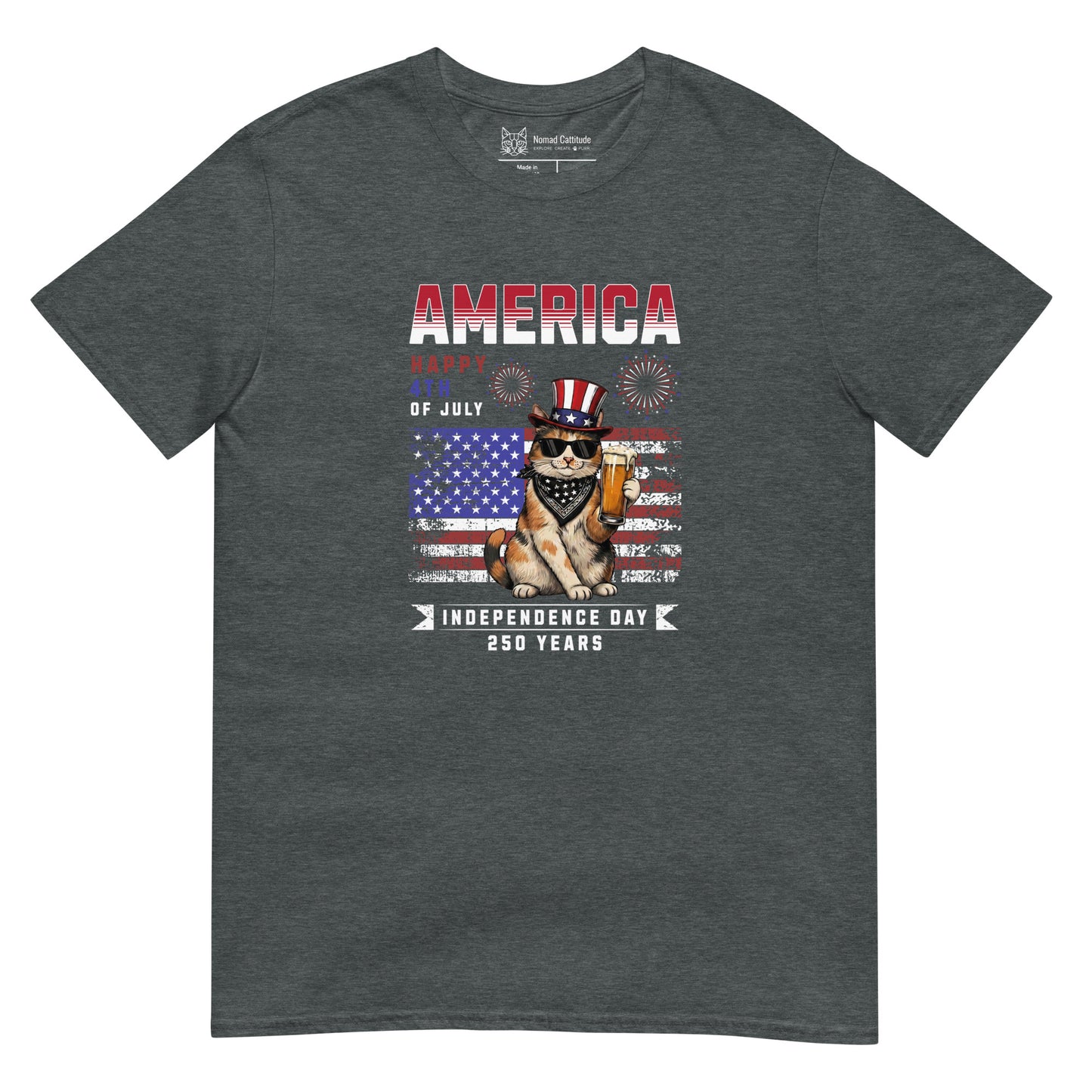 Cat themed graphic tee with USA 250th anniversary Independence Day print