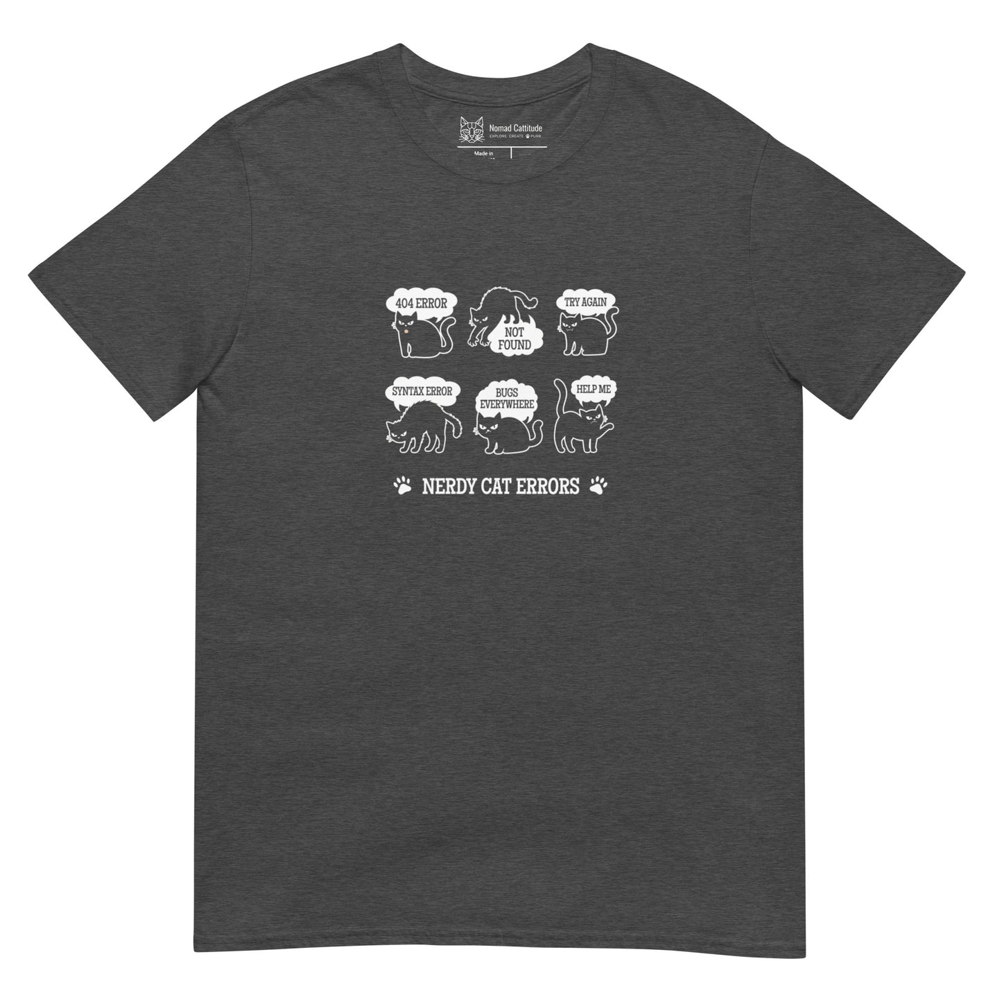 Cat themed graphic tee with error message print