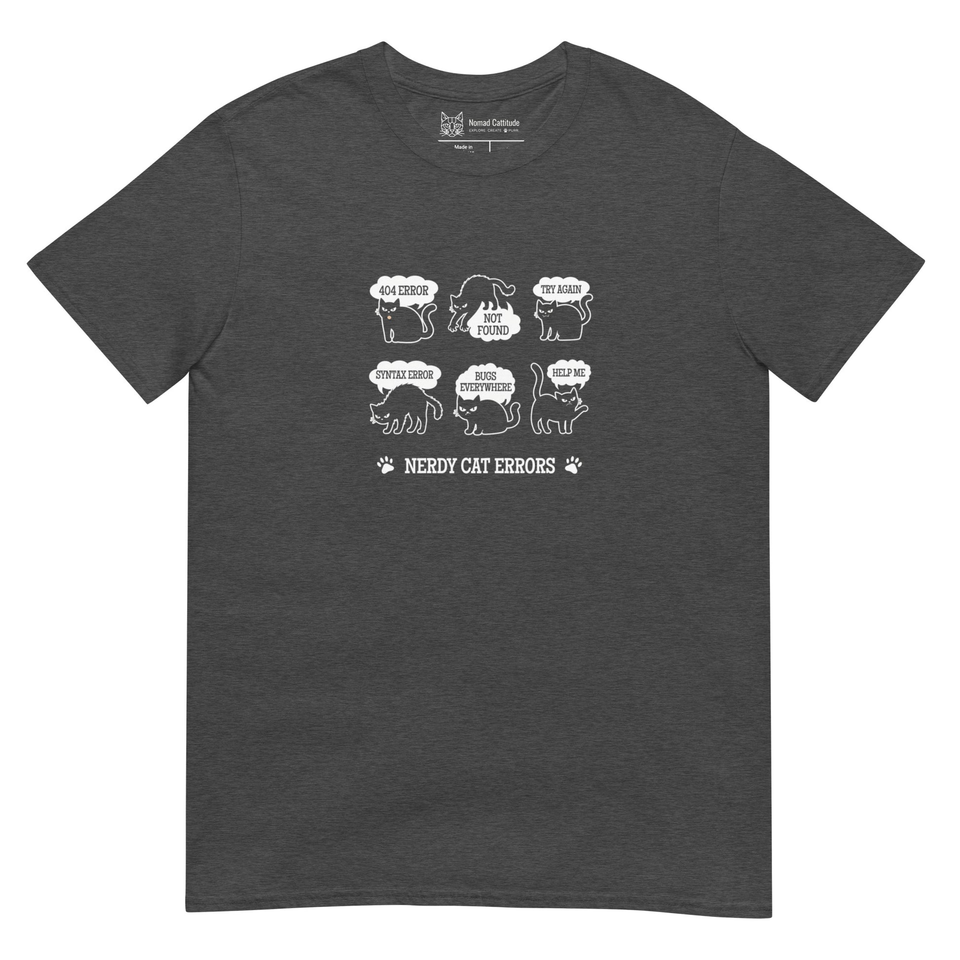 Cat themed graphic tee with error message print