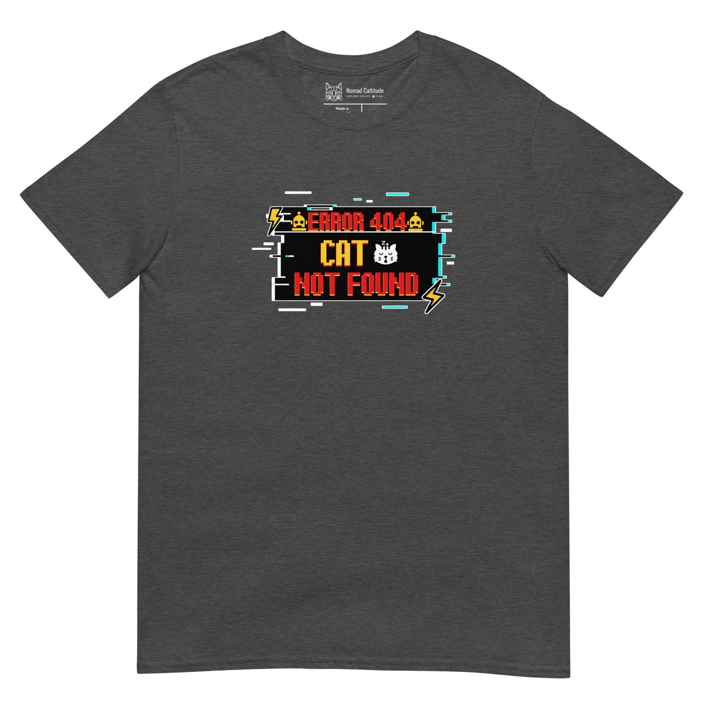 Cat themed graphic tee with error message print
