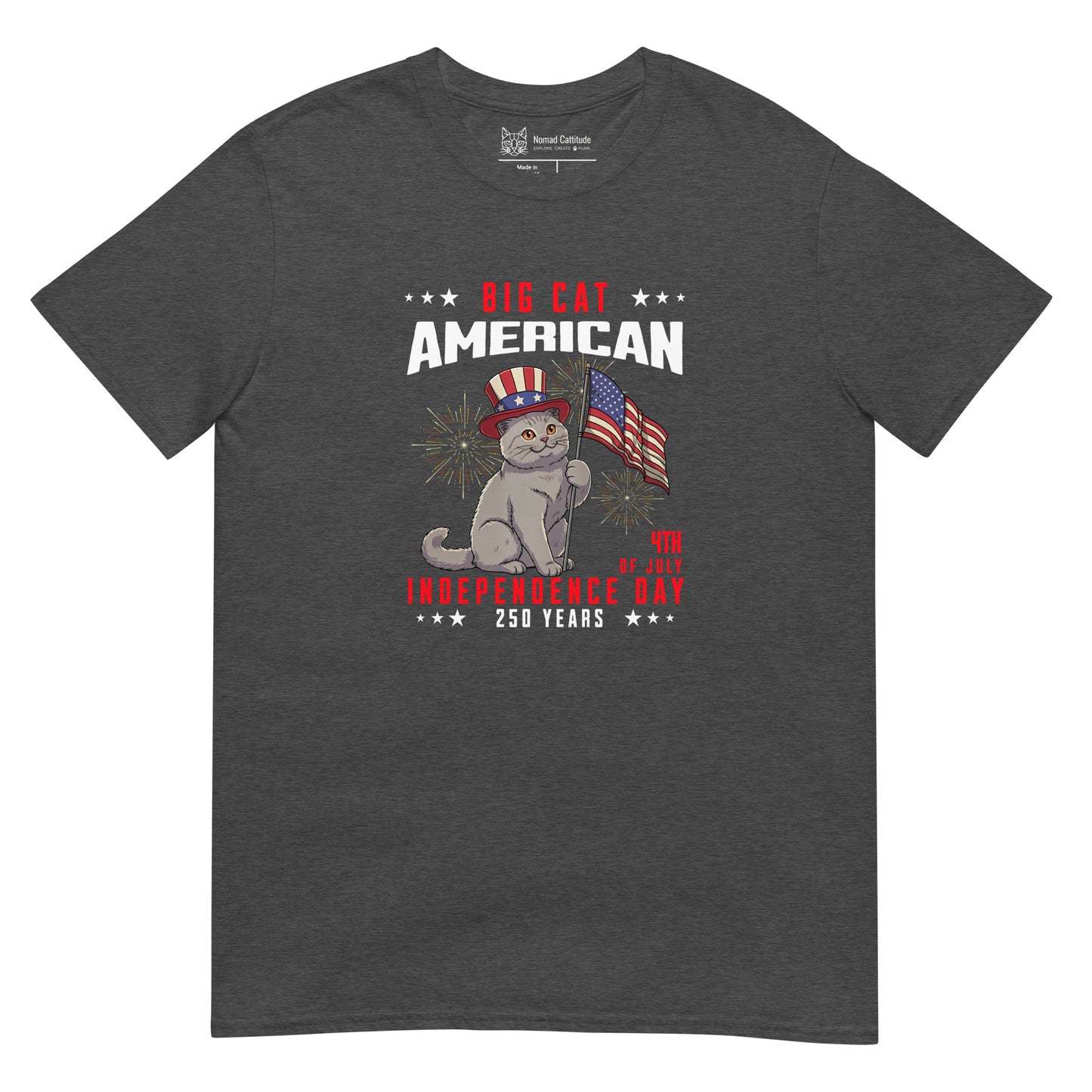Cat themed graphic tee with USA 250th anniversary Independence Day print