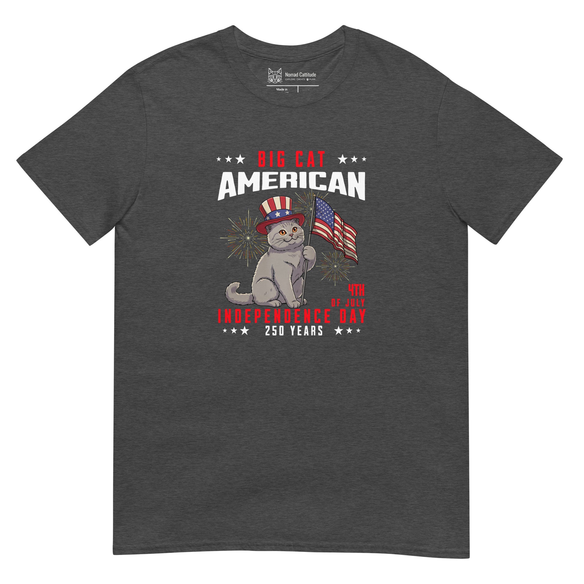 Cat themed graphic tee with USA 250th anniversary Independence Day print