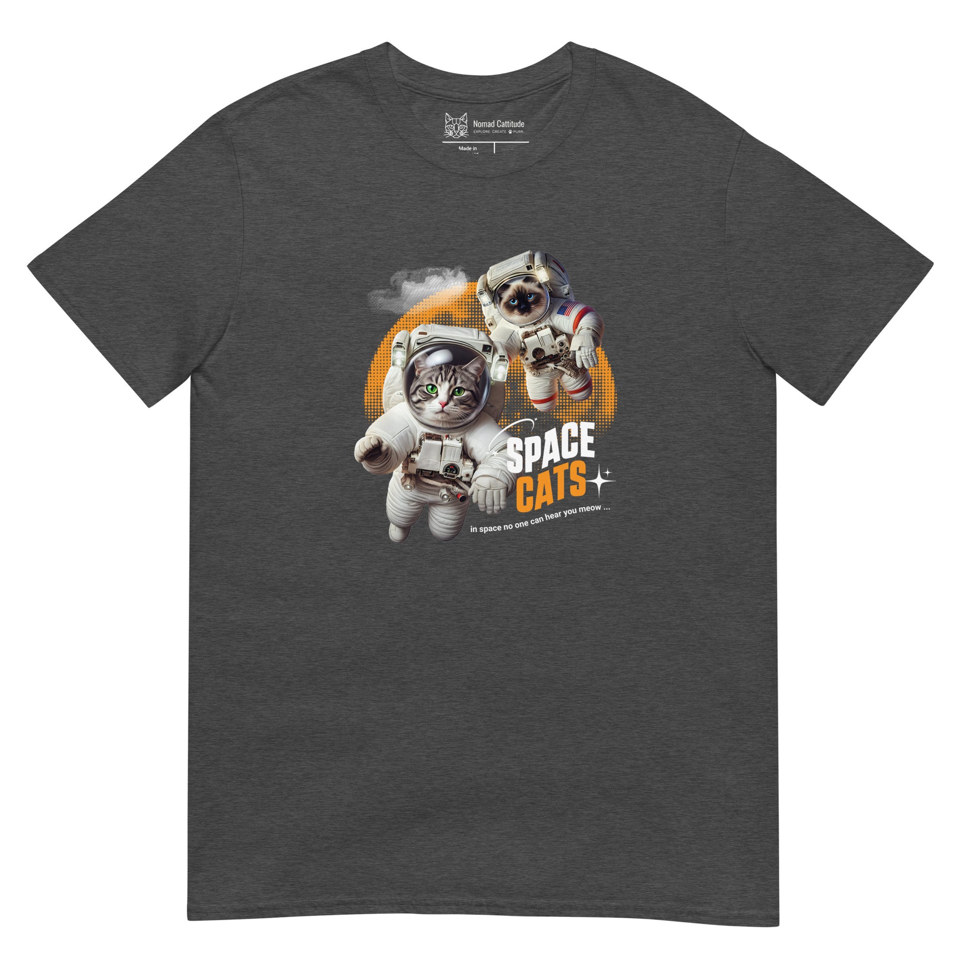 Cat themed graphic tee with space print