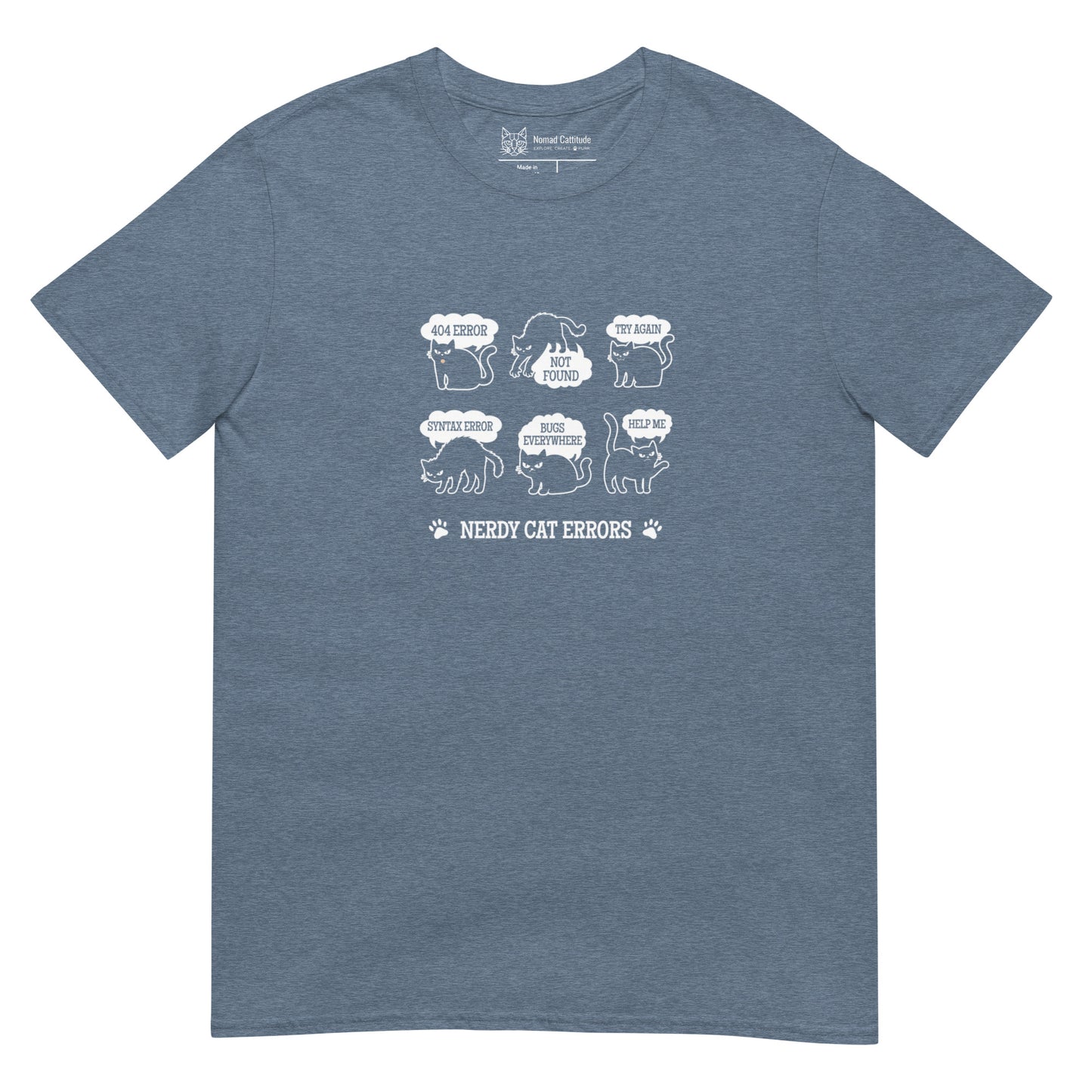 Cat themed graphic tee with error message print