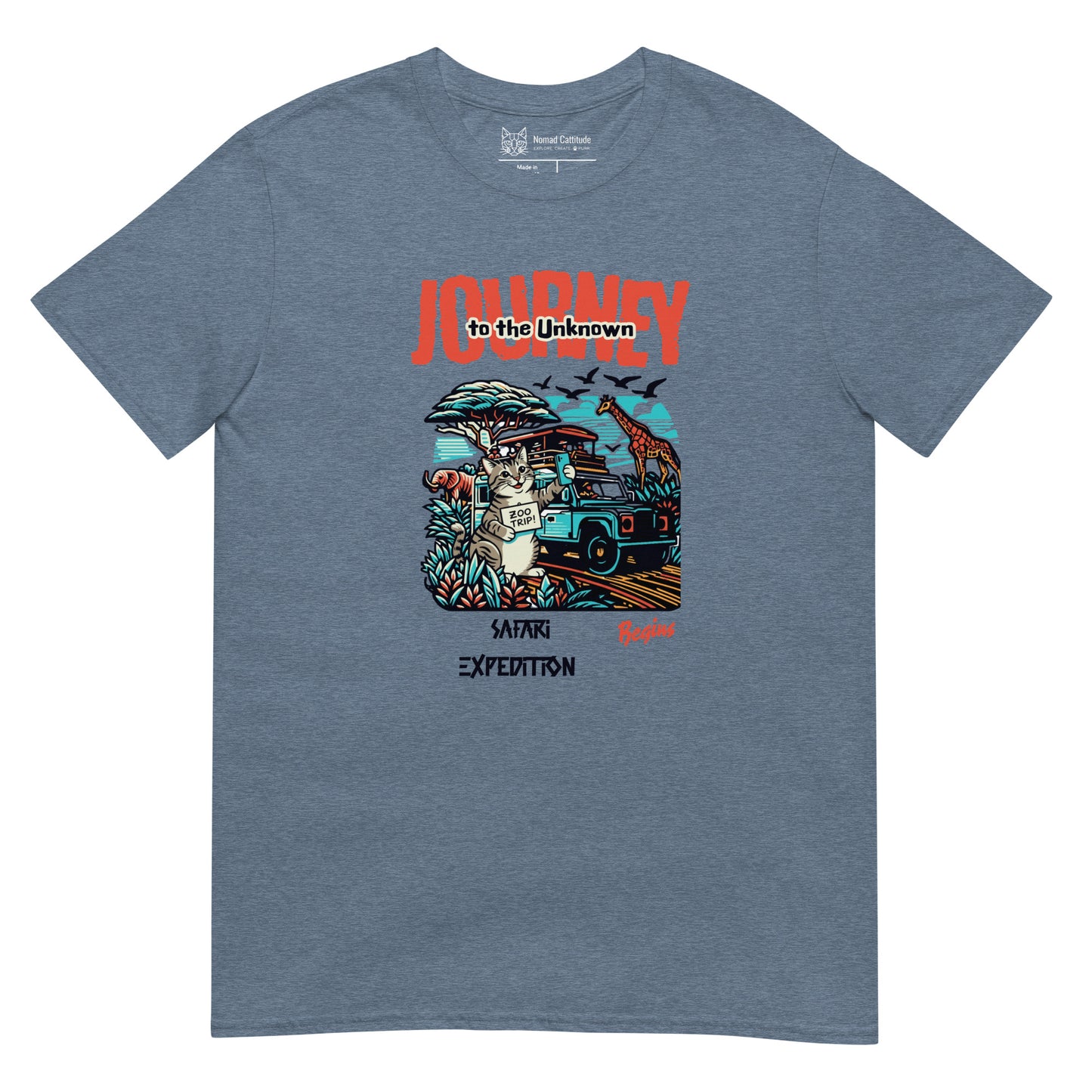 Cat themed graphic tee with vacation print