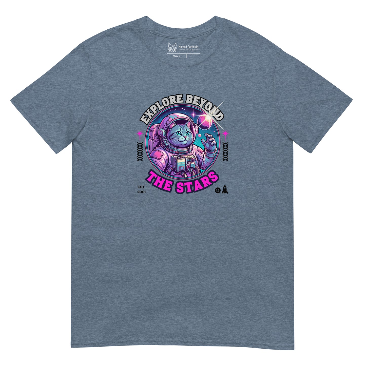 Cat themed graphic tee with space print