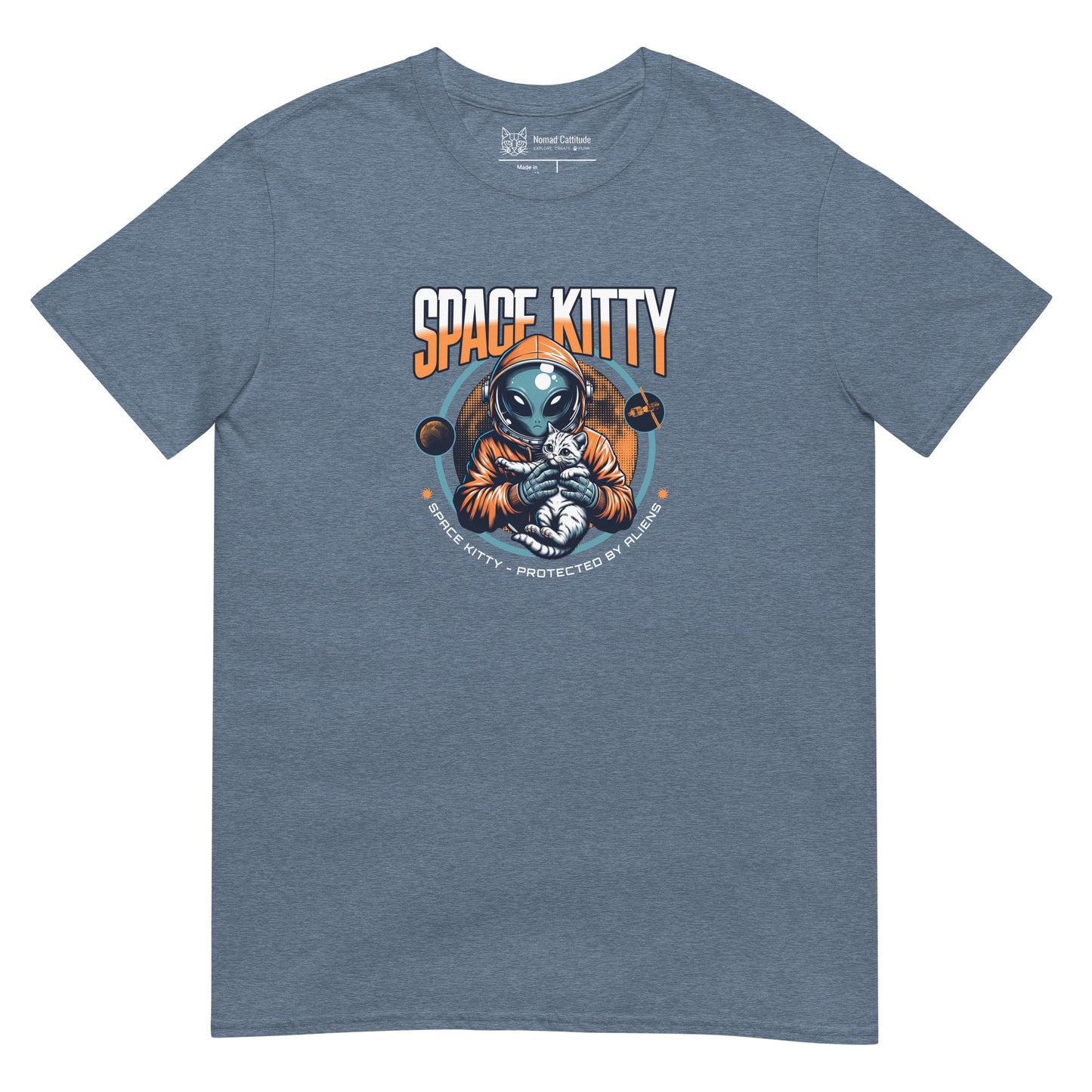 Cat themed graphic tee with space print