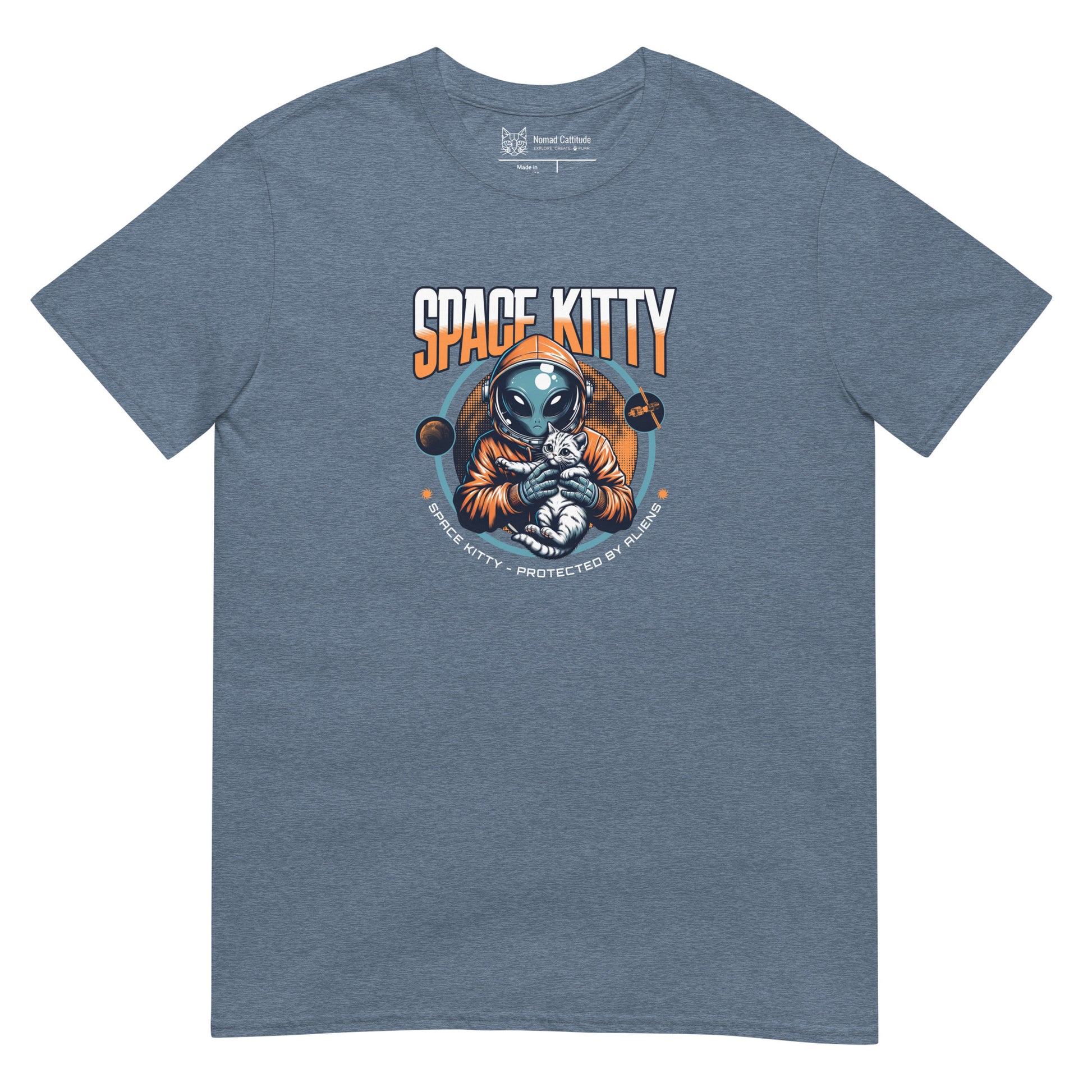 Cat themed graphic tee with space print