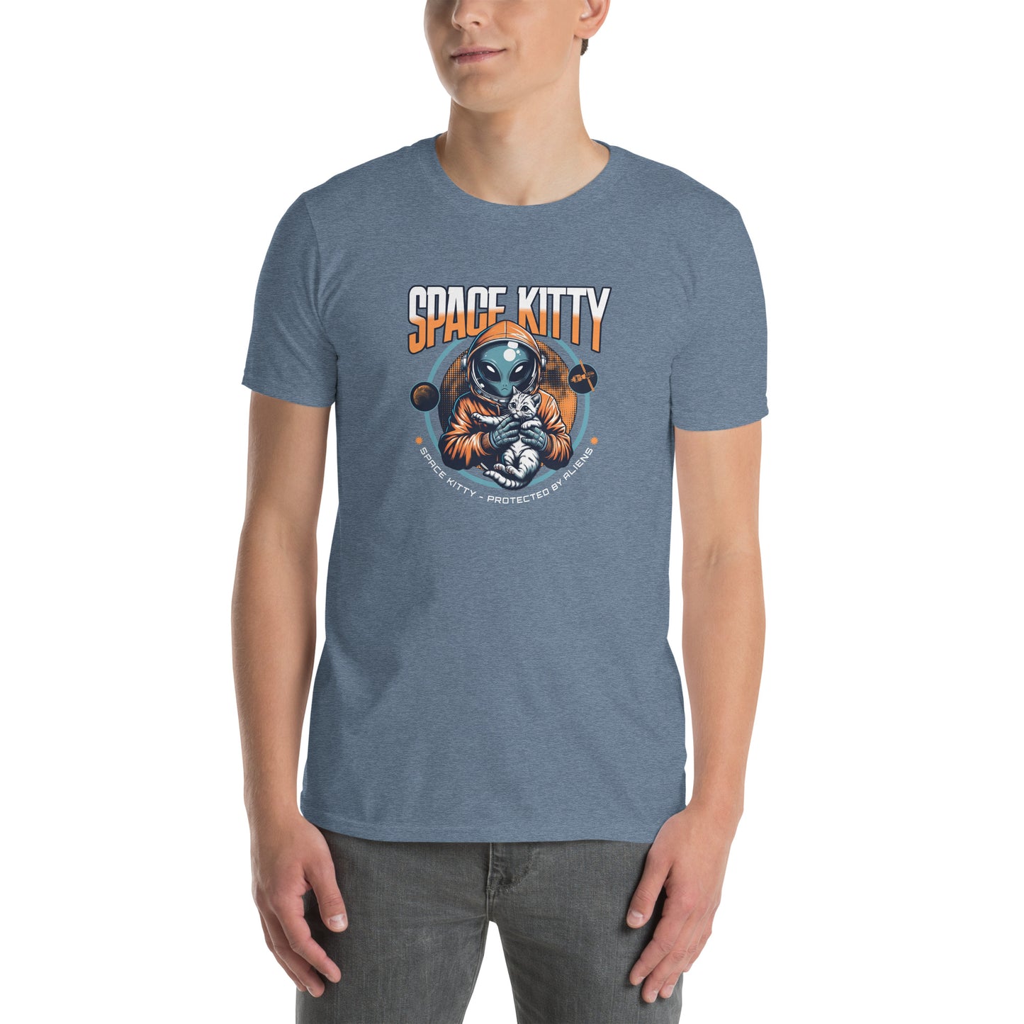 Cat themed graphic tee with space print
