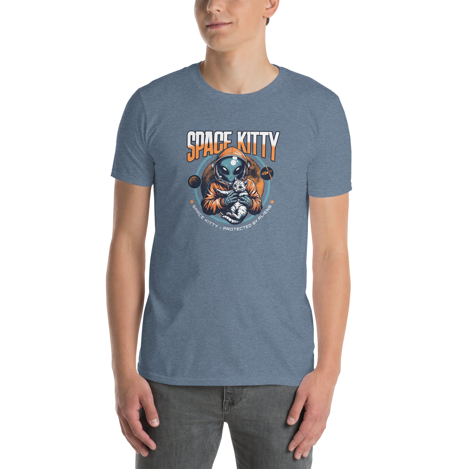 Cat themed graphic tee with space print
