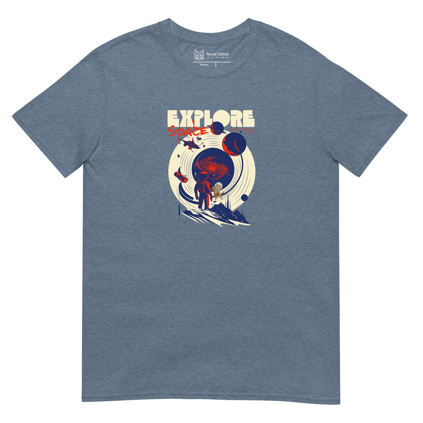 Cat themed graphic tee with space print