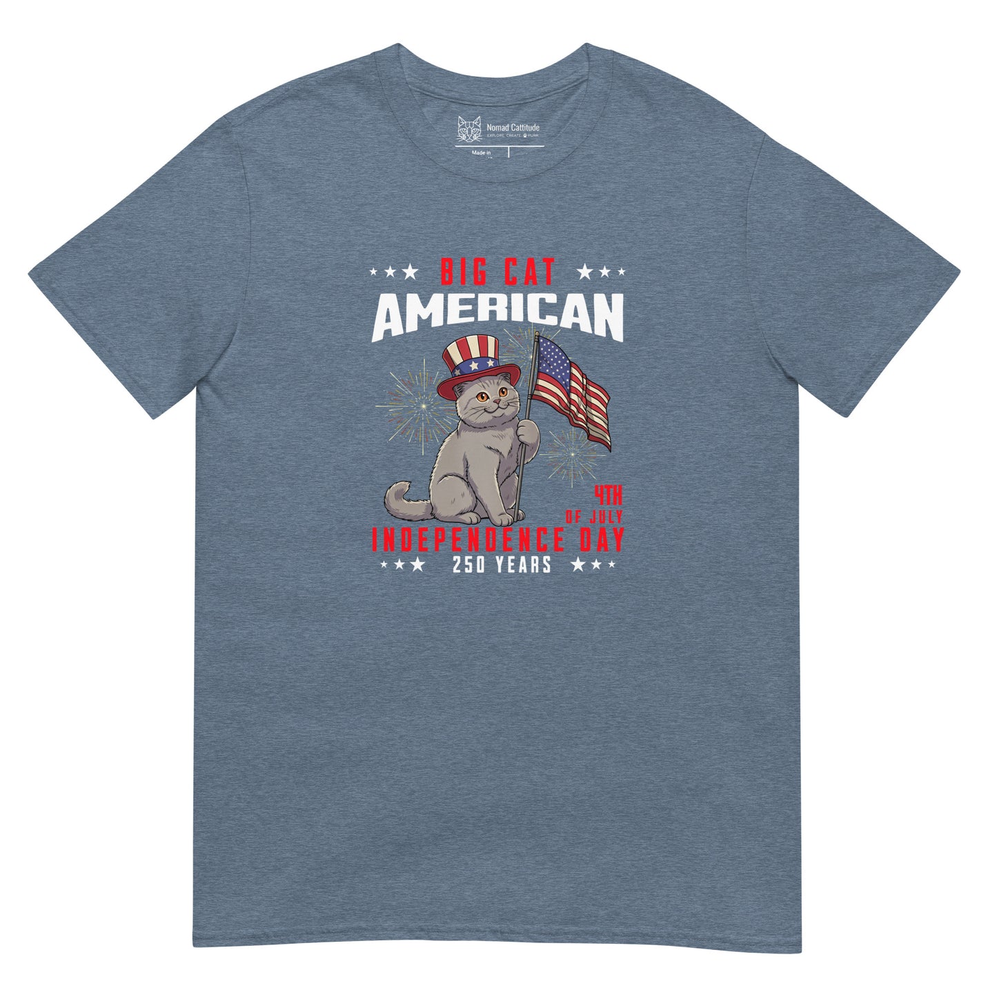 Cat themed graphic tee with USA 250th anniversary Independence Day print