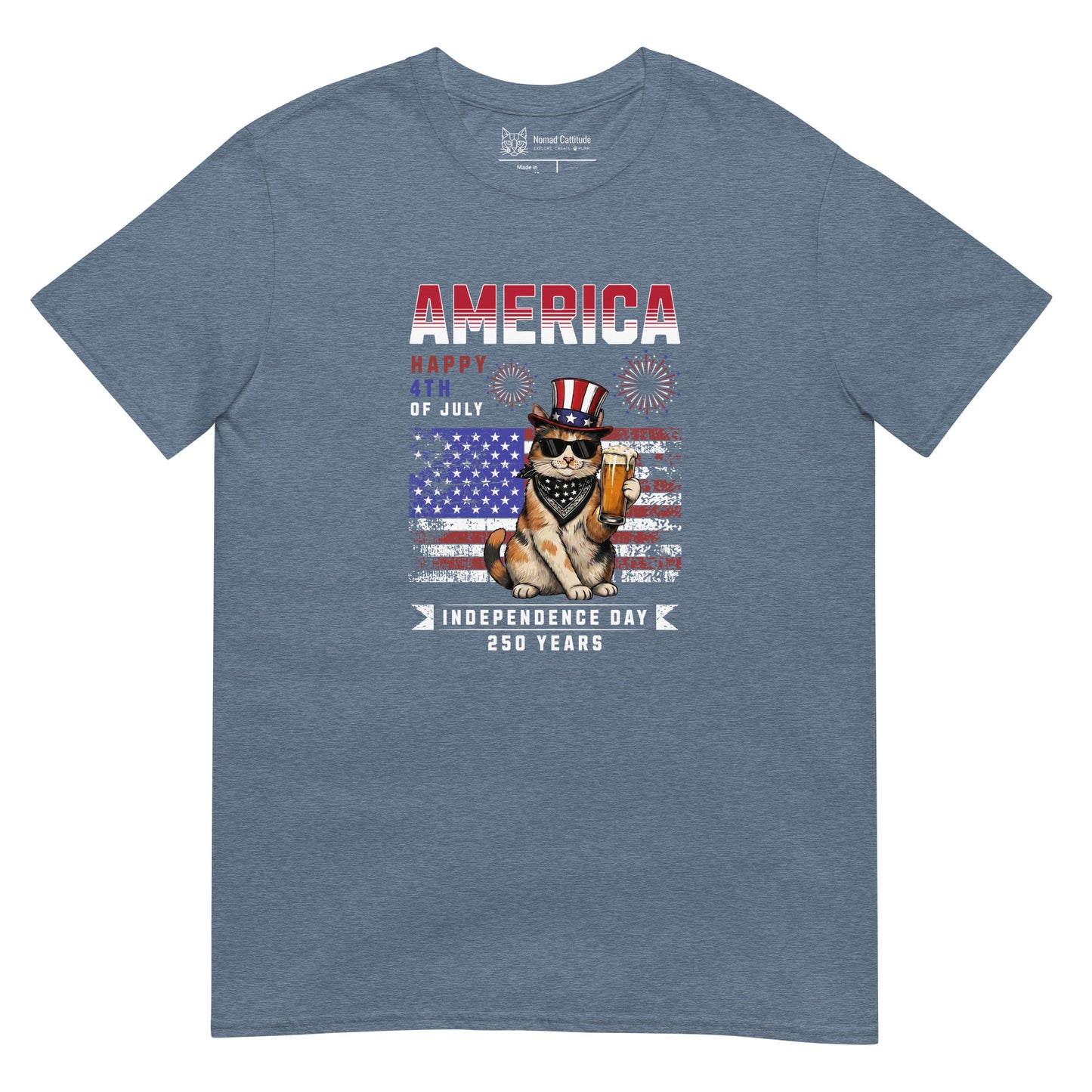 Cat themed graphic tee with USA 250th anniversary Independence Day print
