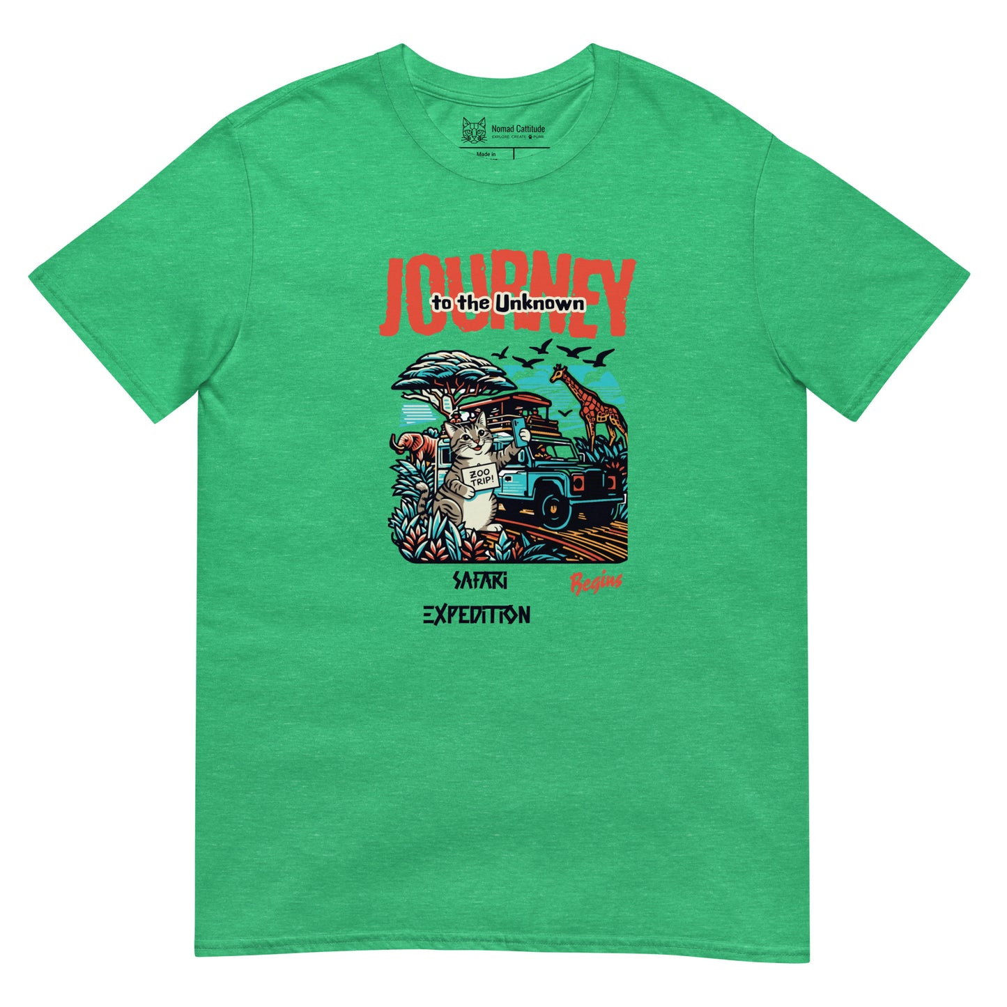 Cat themed graphic tee with vacation print