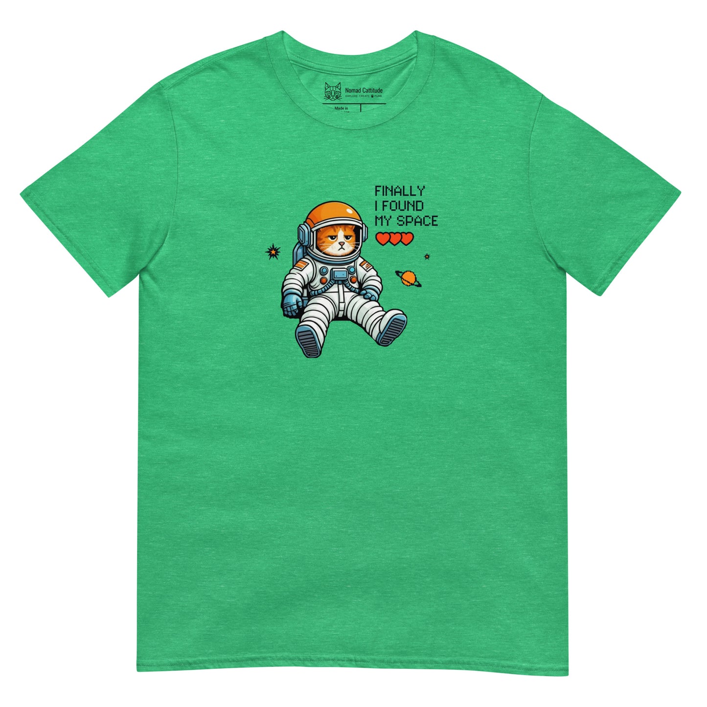 Cat themed graphic tee with space print