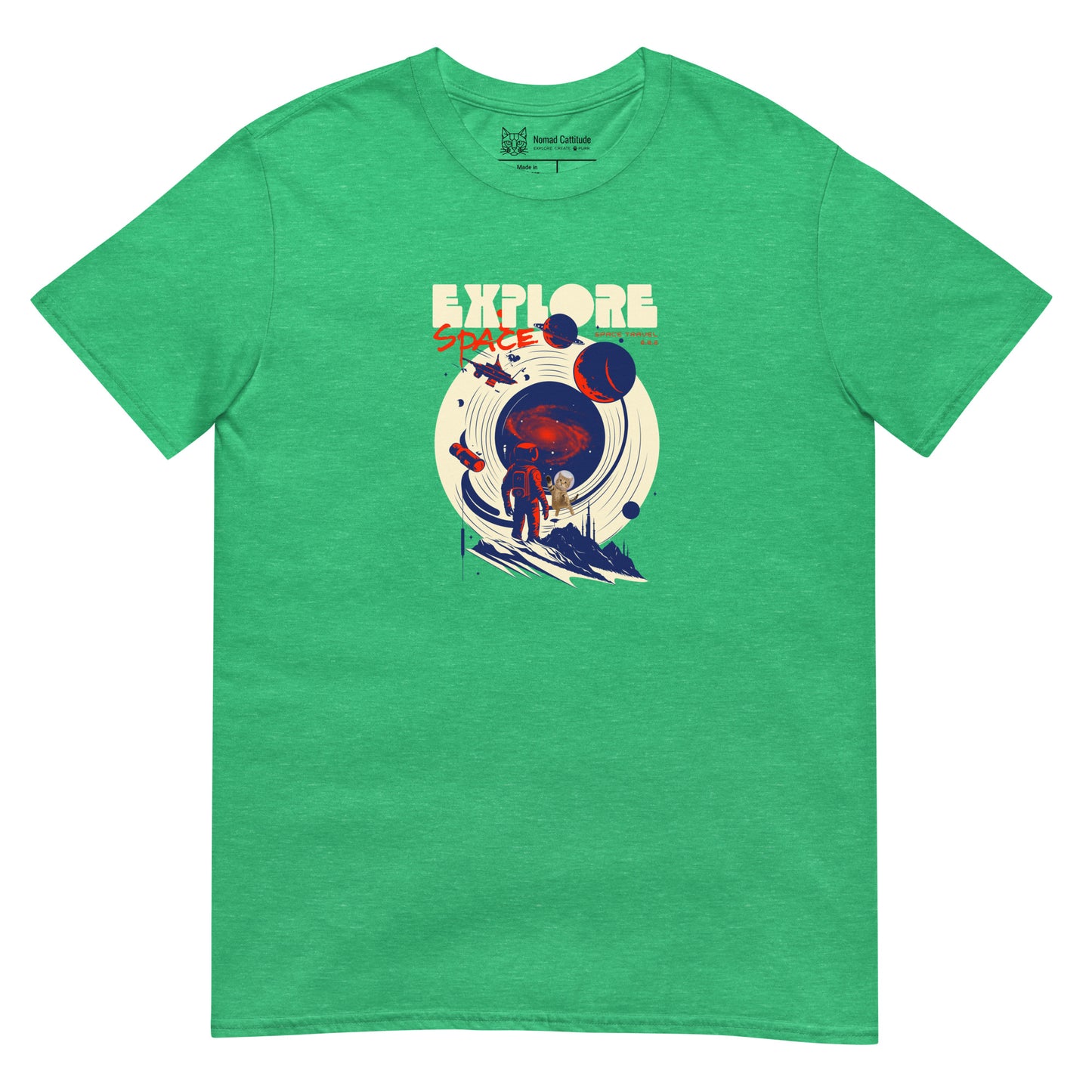 Cat themed graphic tee with space print