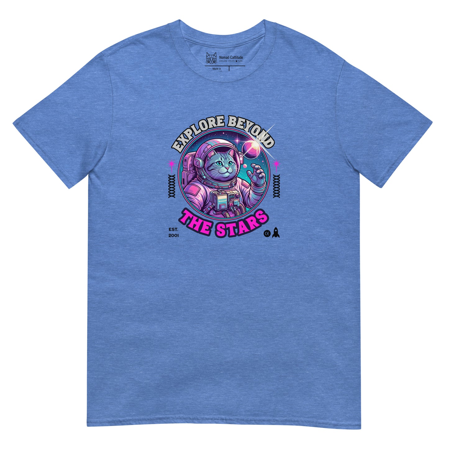 Cat themed graphic tee with space print