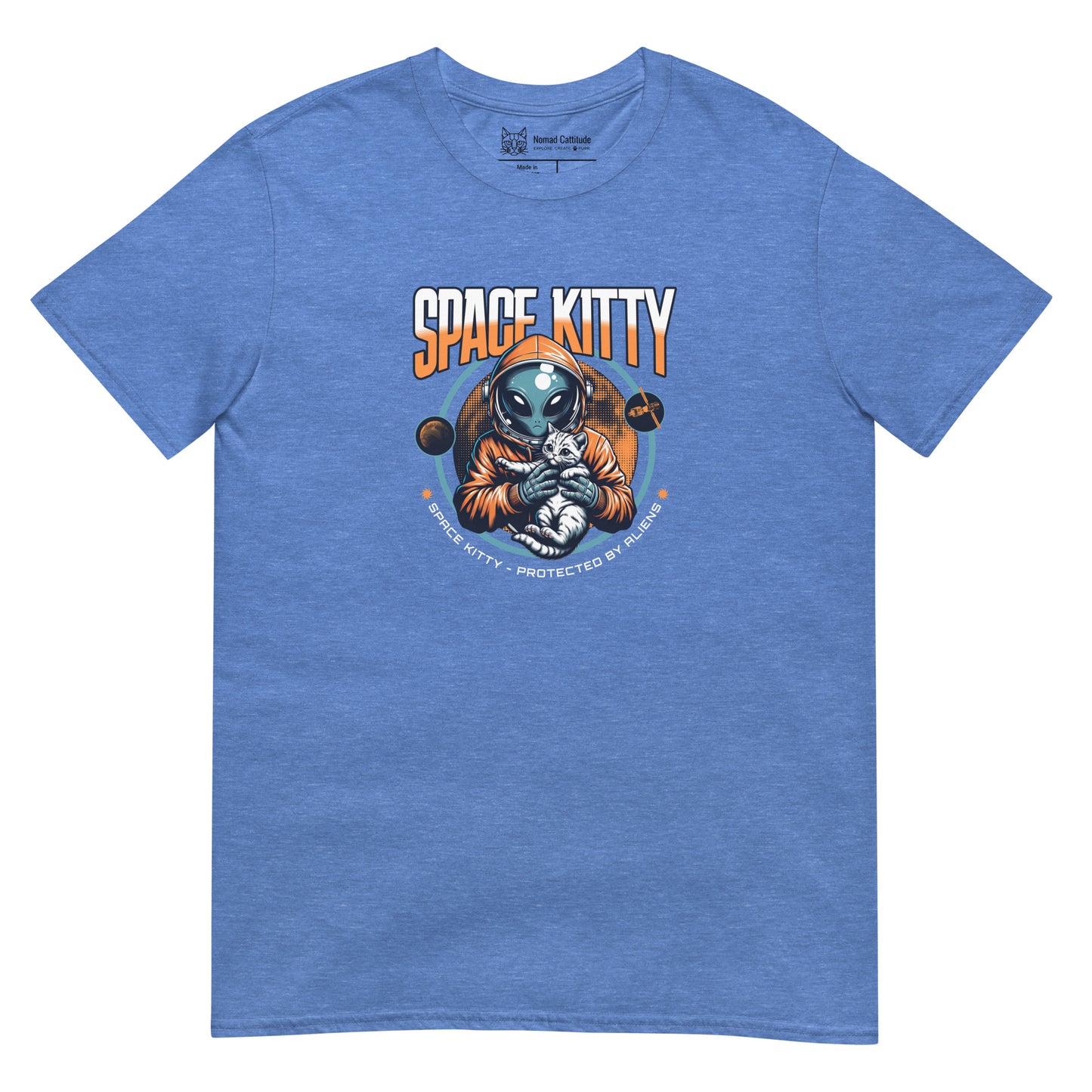 Cat themed graphic tee with space print