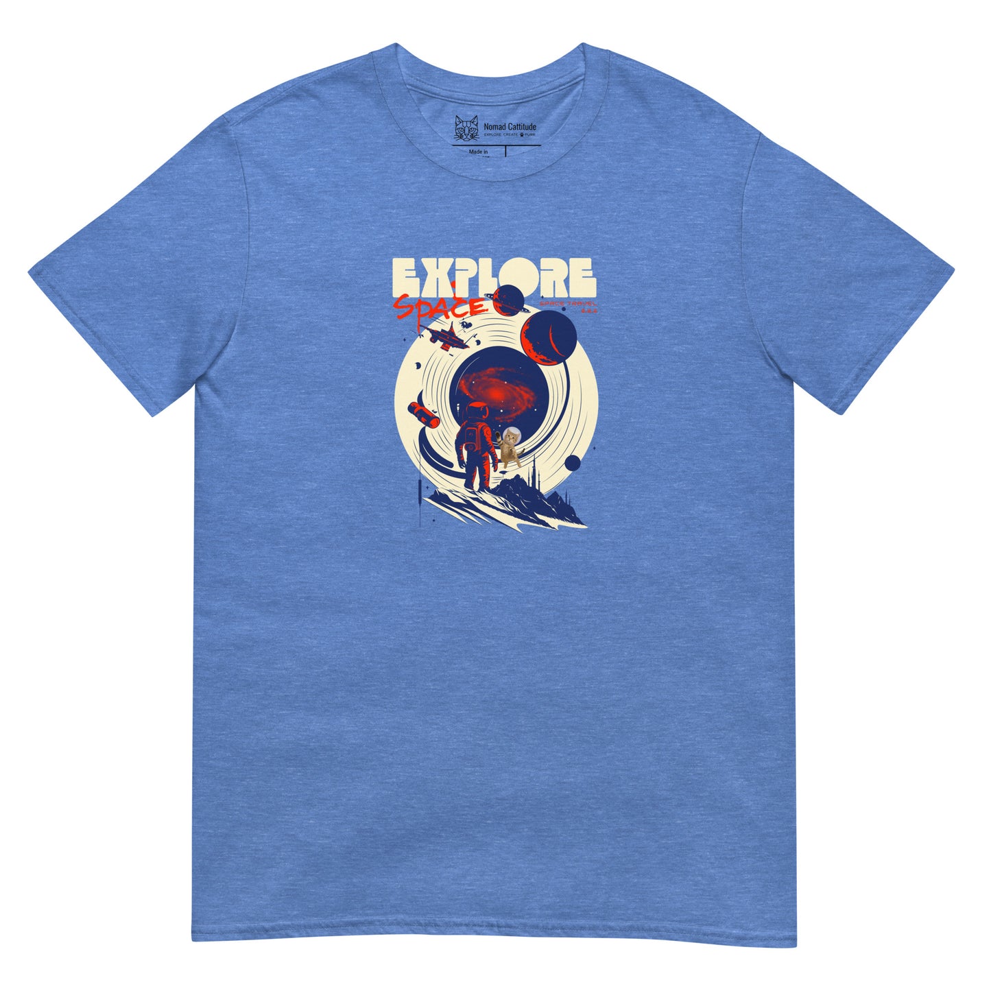 Cat themed graphic tee with space print