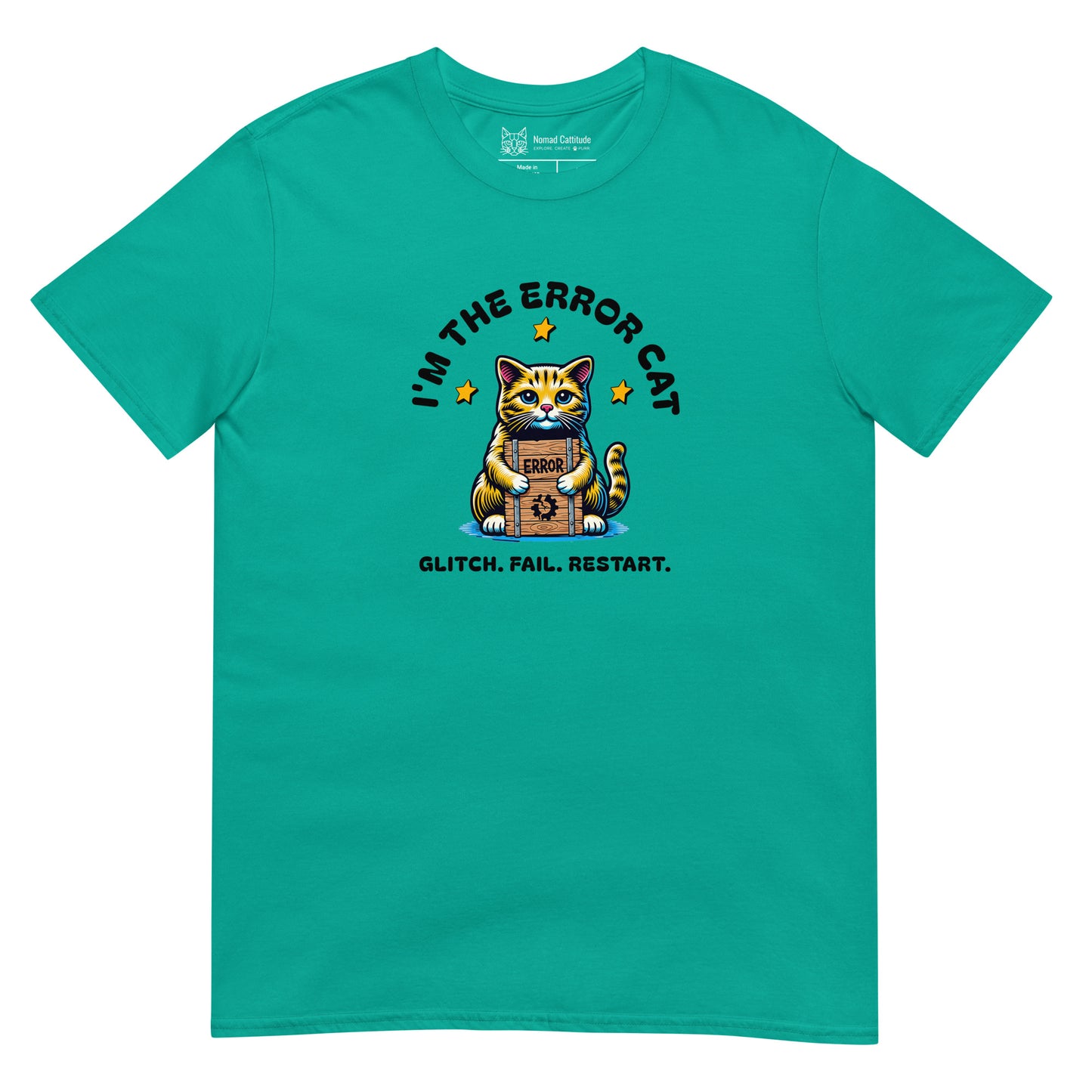Cat themed graphic tee with error message print