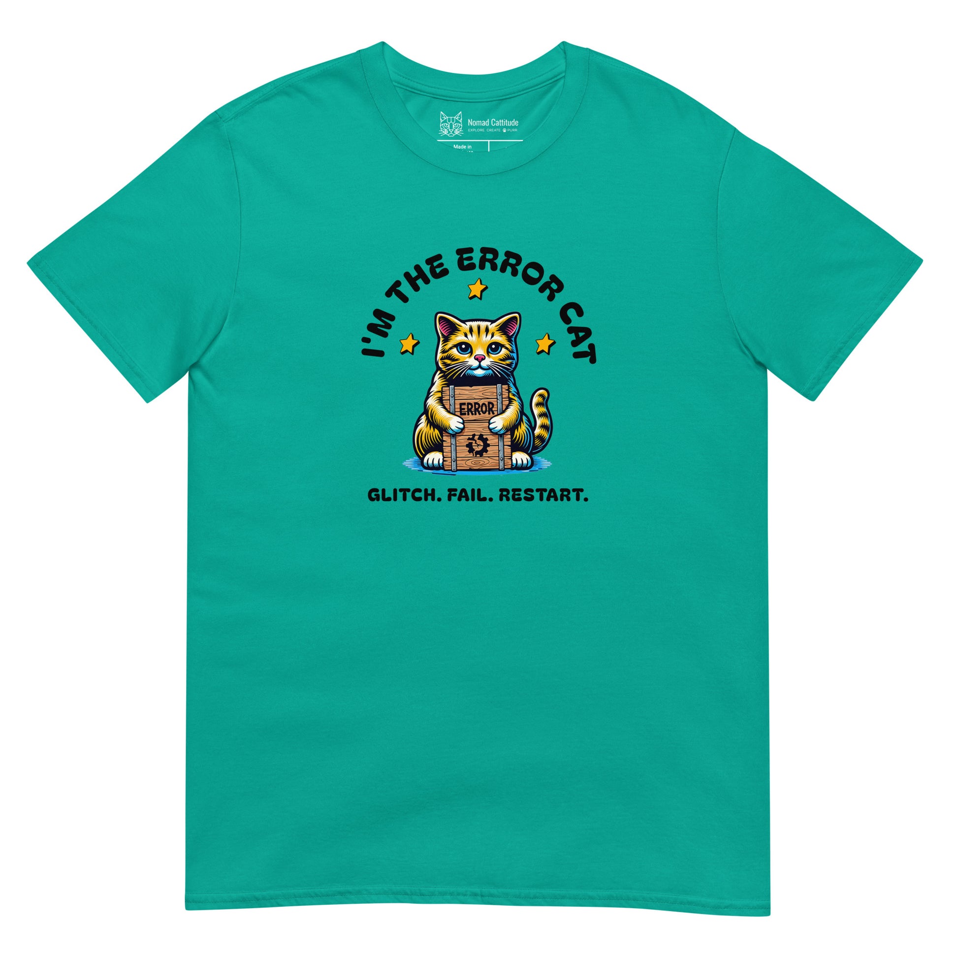 Cat themed graphic tee with error message print