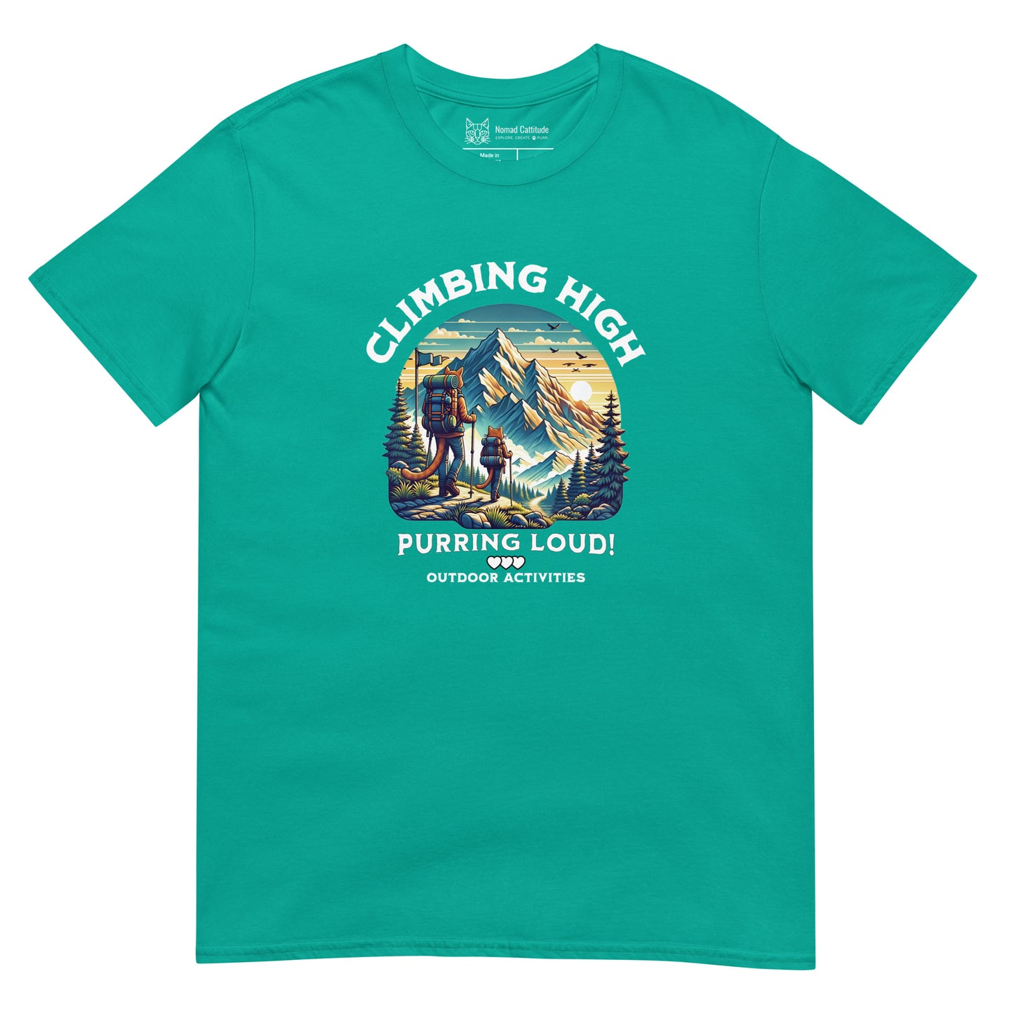 Cat themed graphic tee with vacation print