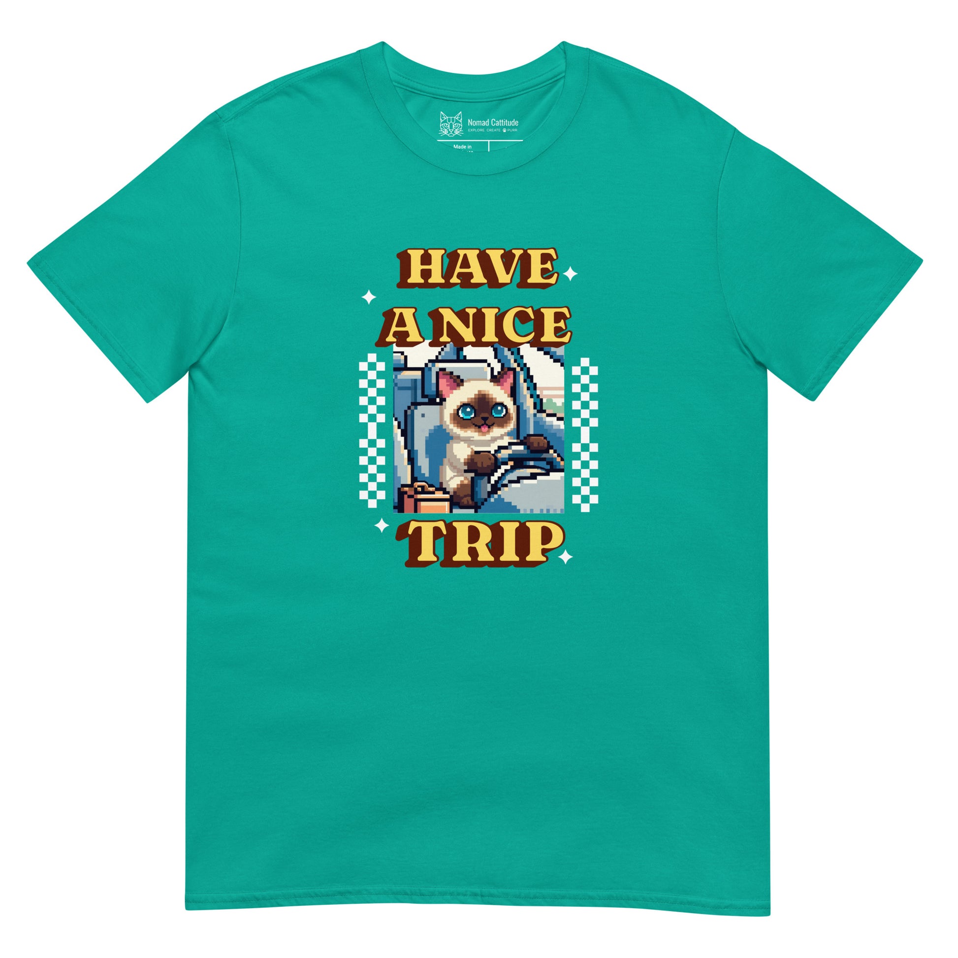 Cat themed graphic tee with vacation print