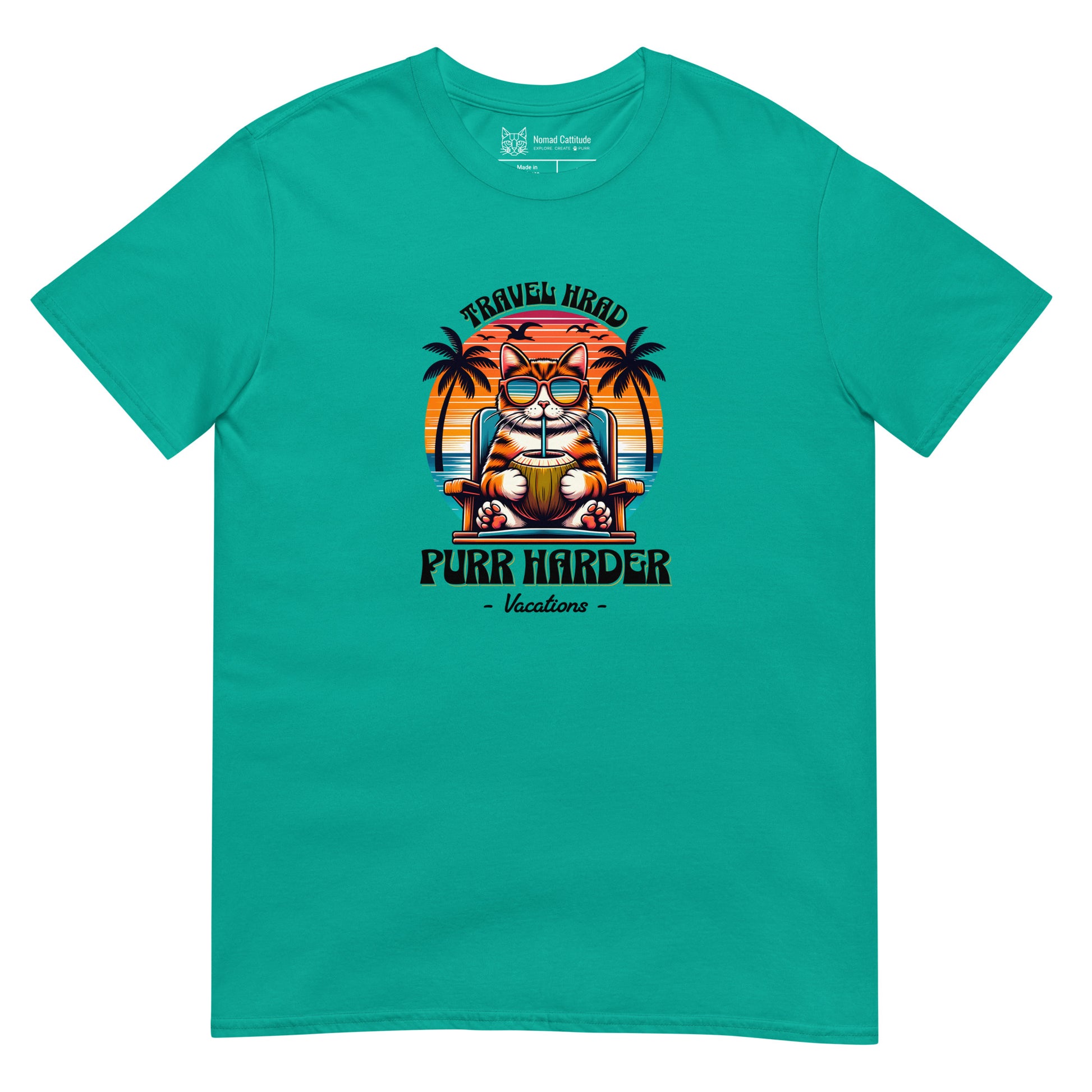 Cat themed graphic tee with vacation print