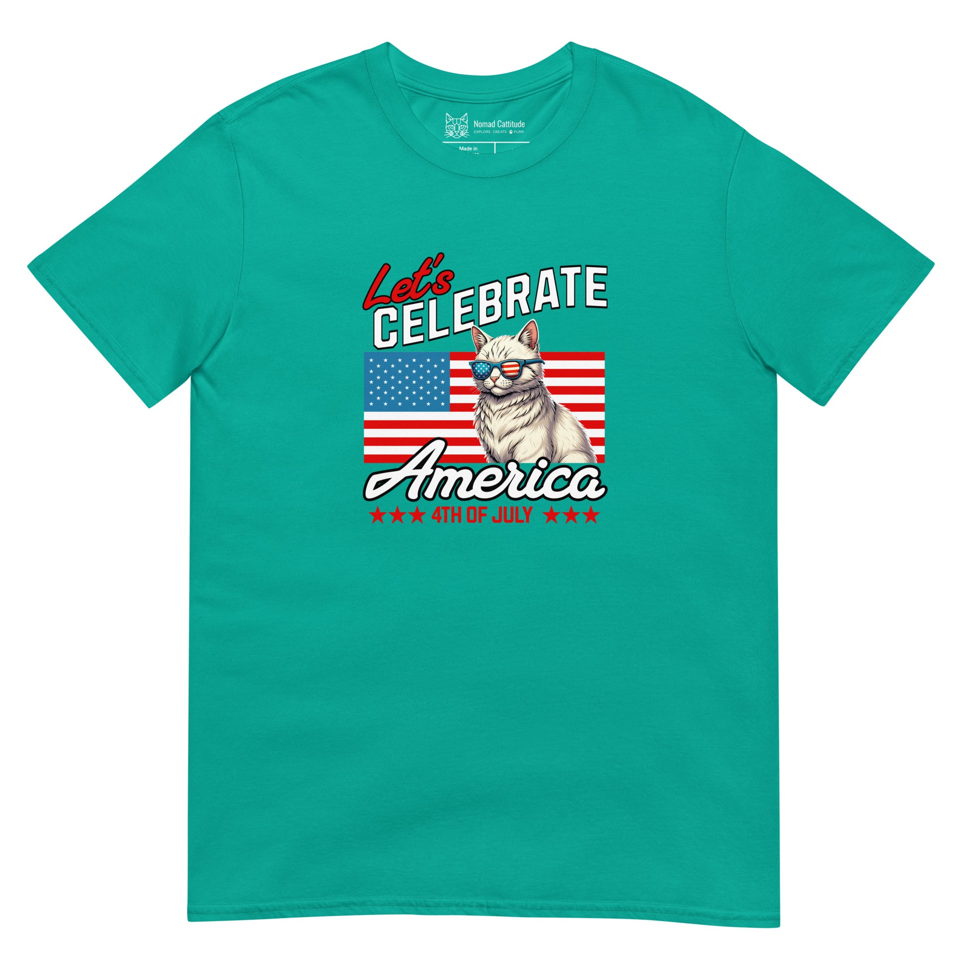 Cat themed graphic tee with USA 250th anniversary Independence Day print