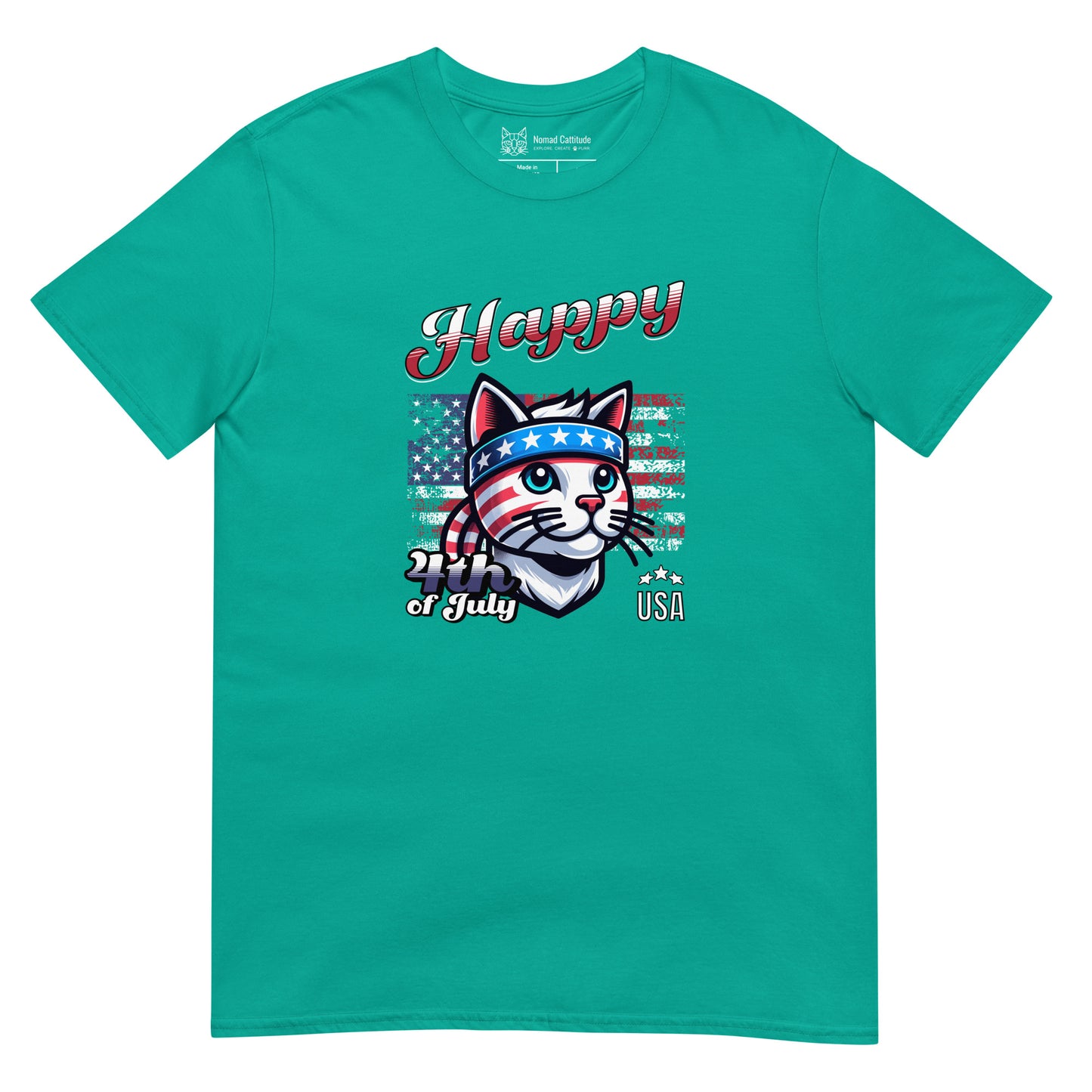 Cat themed graphic tee with USA anniversary Independence Day print