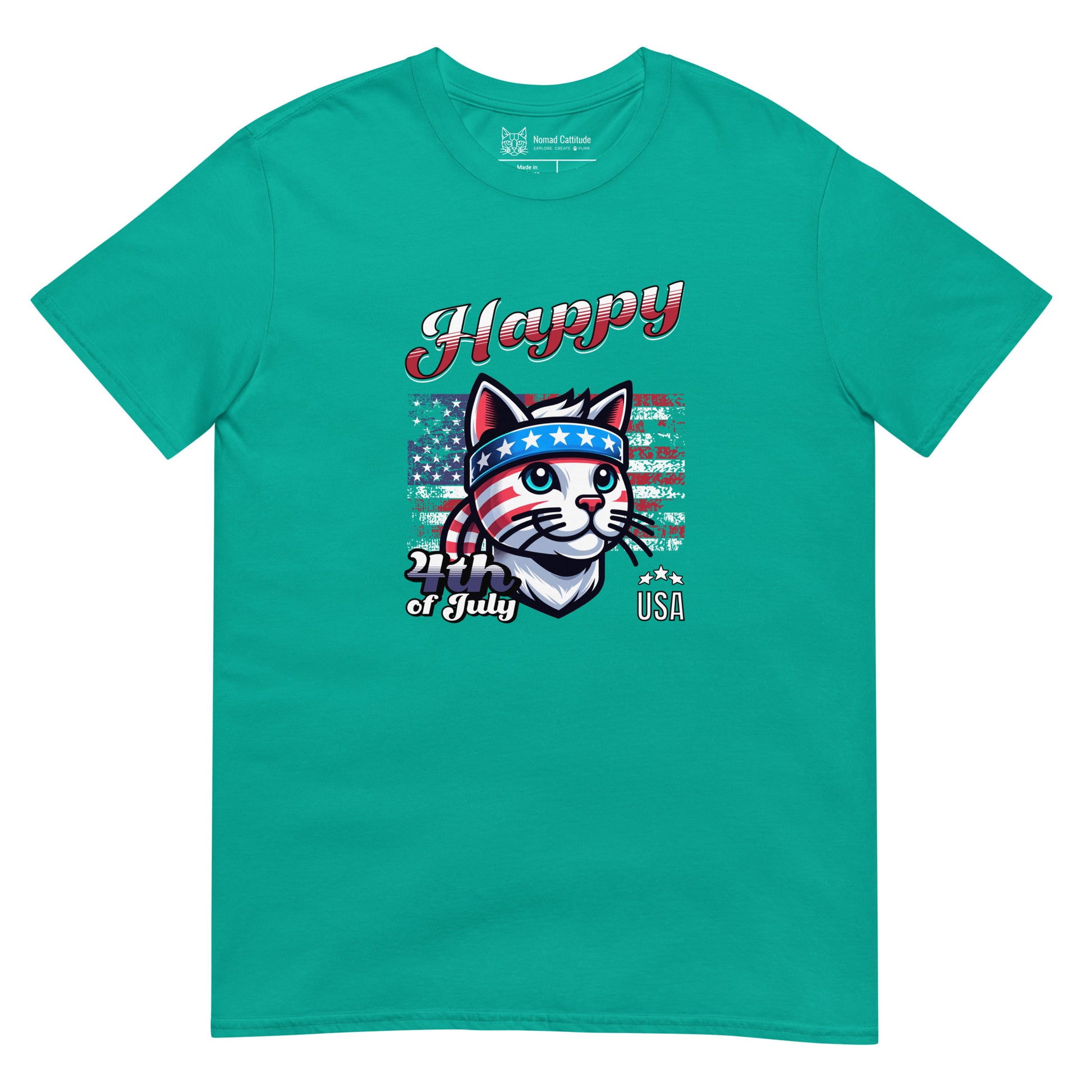 Cat themed graphic tee with USA anniversary Independence Day print