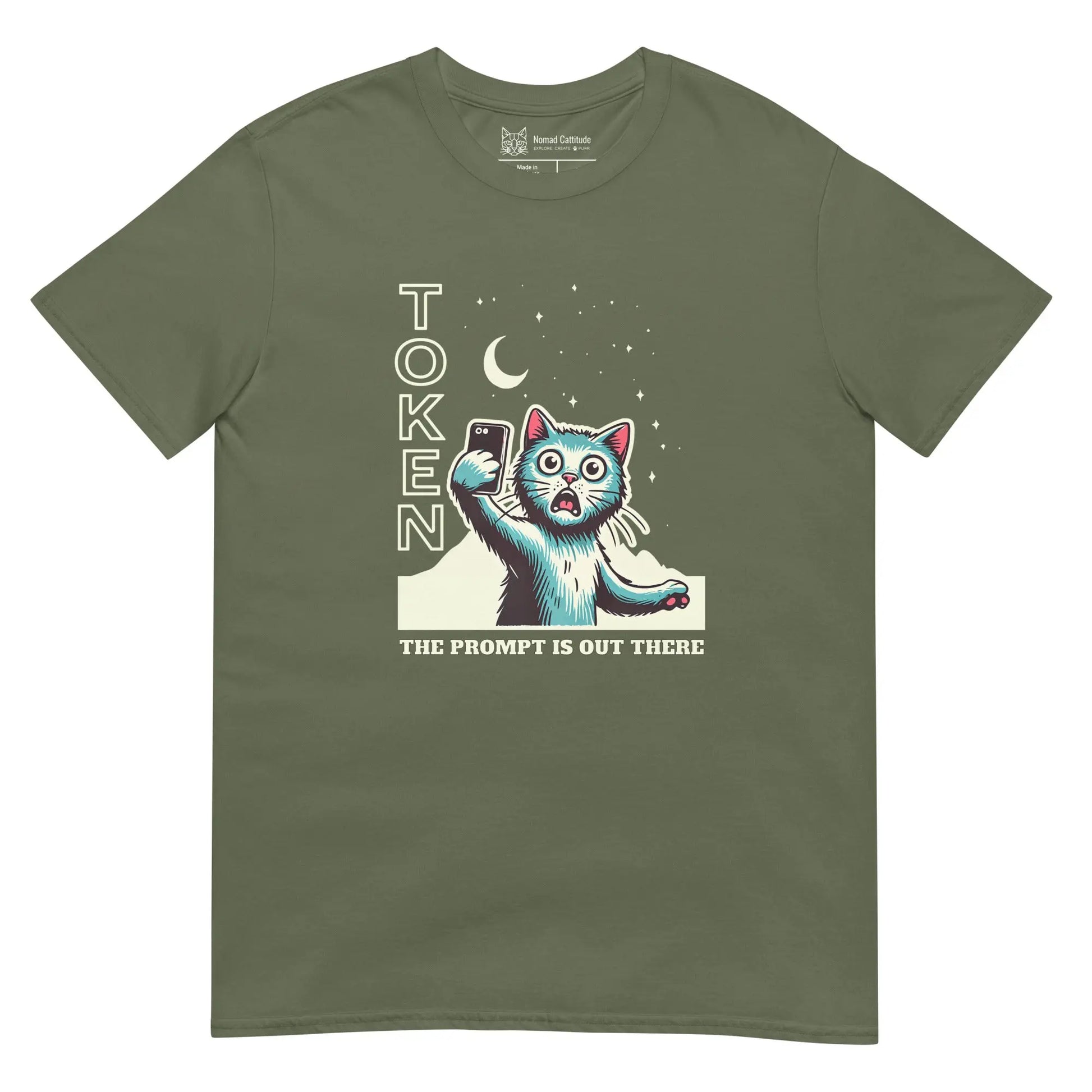 Cat themed graphic tee with AI prompt token print