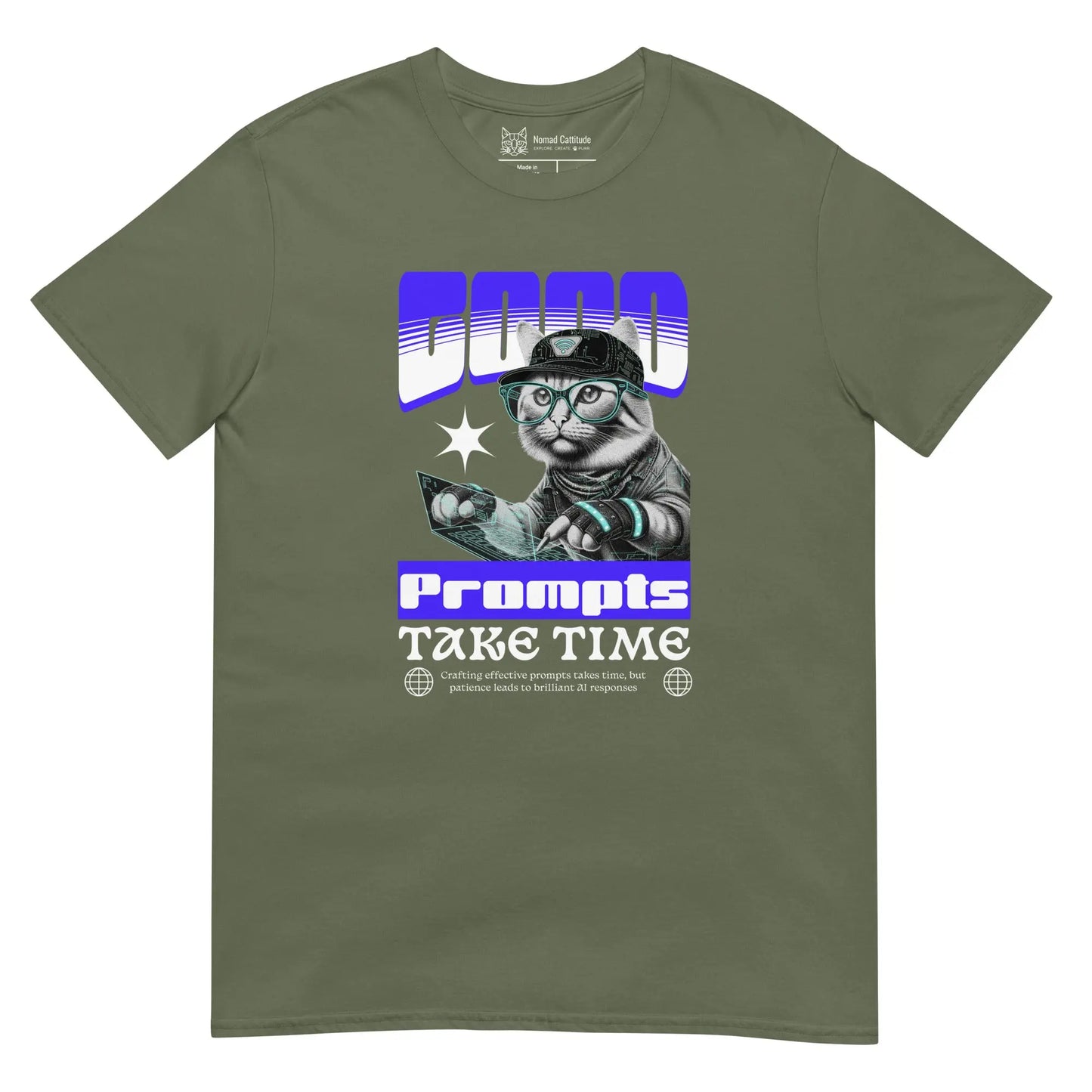 Cat themed graphic tee with AI prompts print