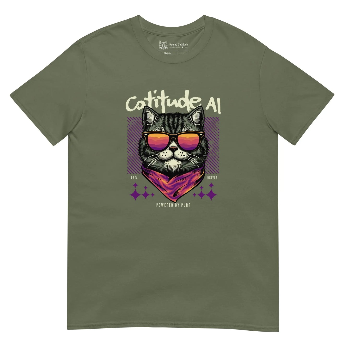 Cat themed graphic tee with cattitude AI print