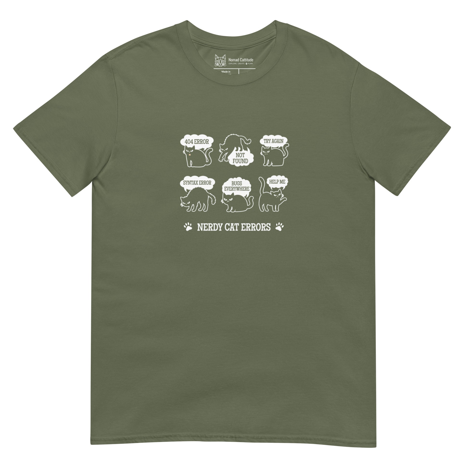 Cat themed graphic tee with error message print
