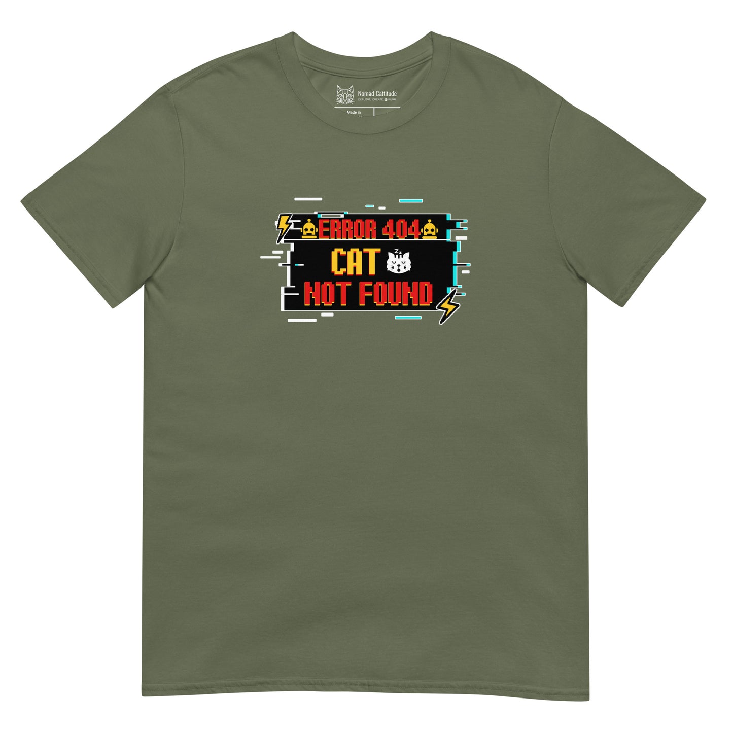 Cat themed graphic tee with error message print